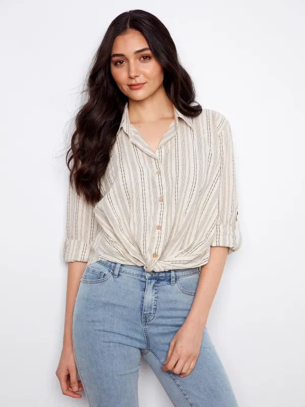 Striped Cotton-Linen Blend Shirt With Front Twist - Fog made by Charlie B