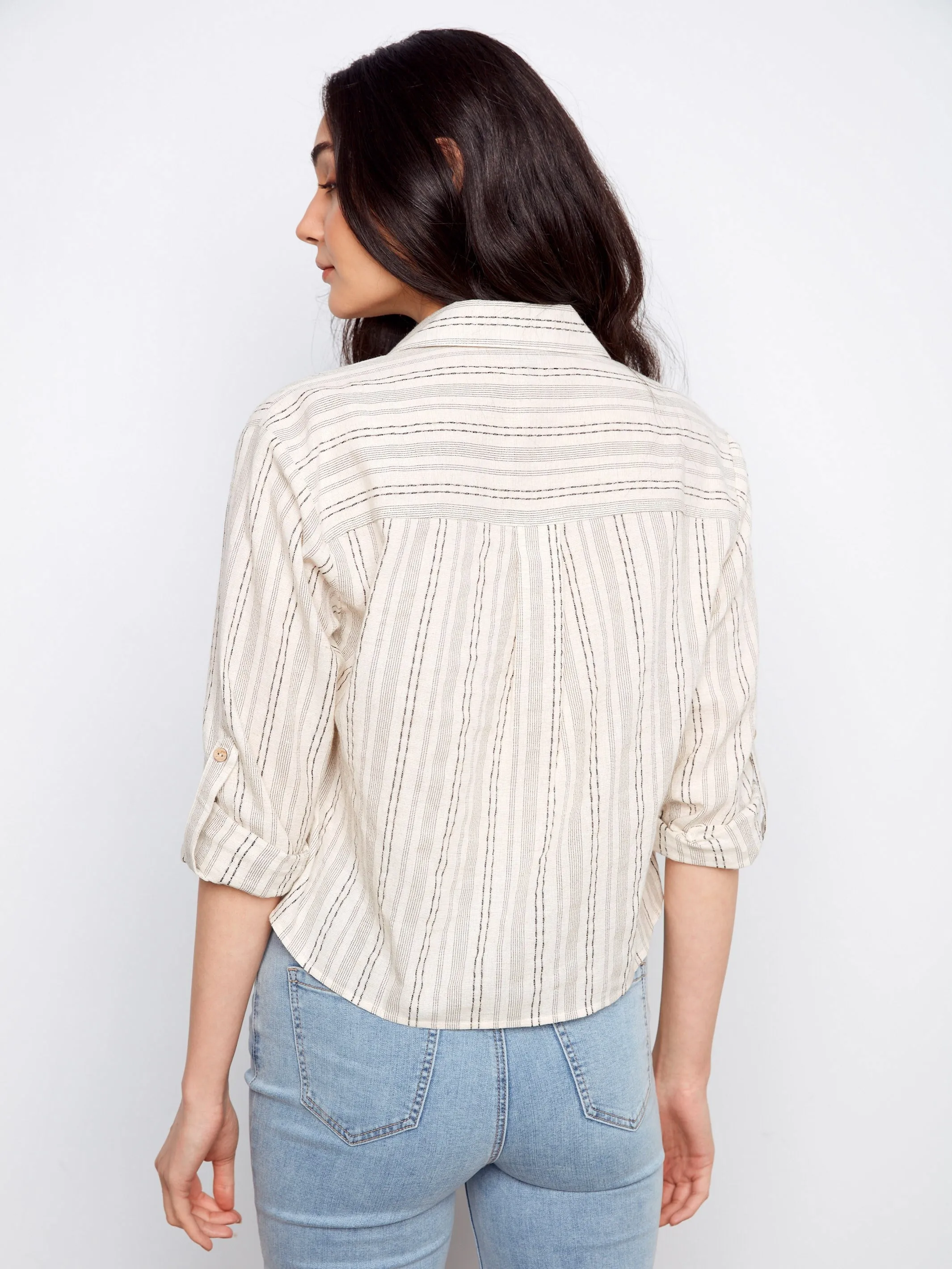 Striped Cotton-Linen Blend Shirt With Front Twist - Fog sold by Charlie B product image thumbnail 5