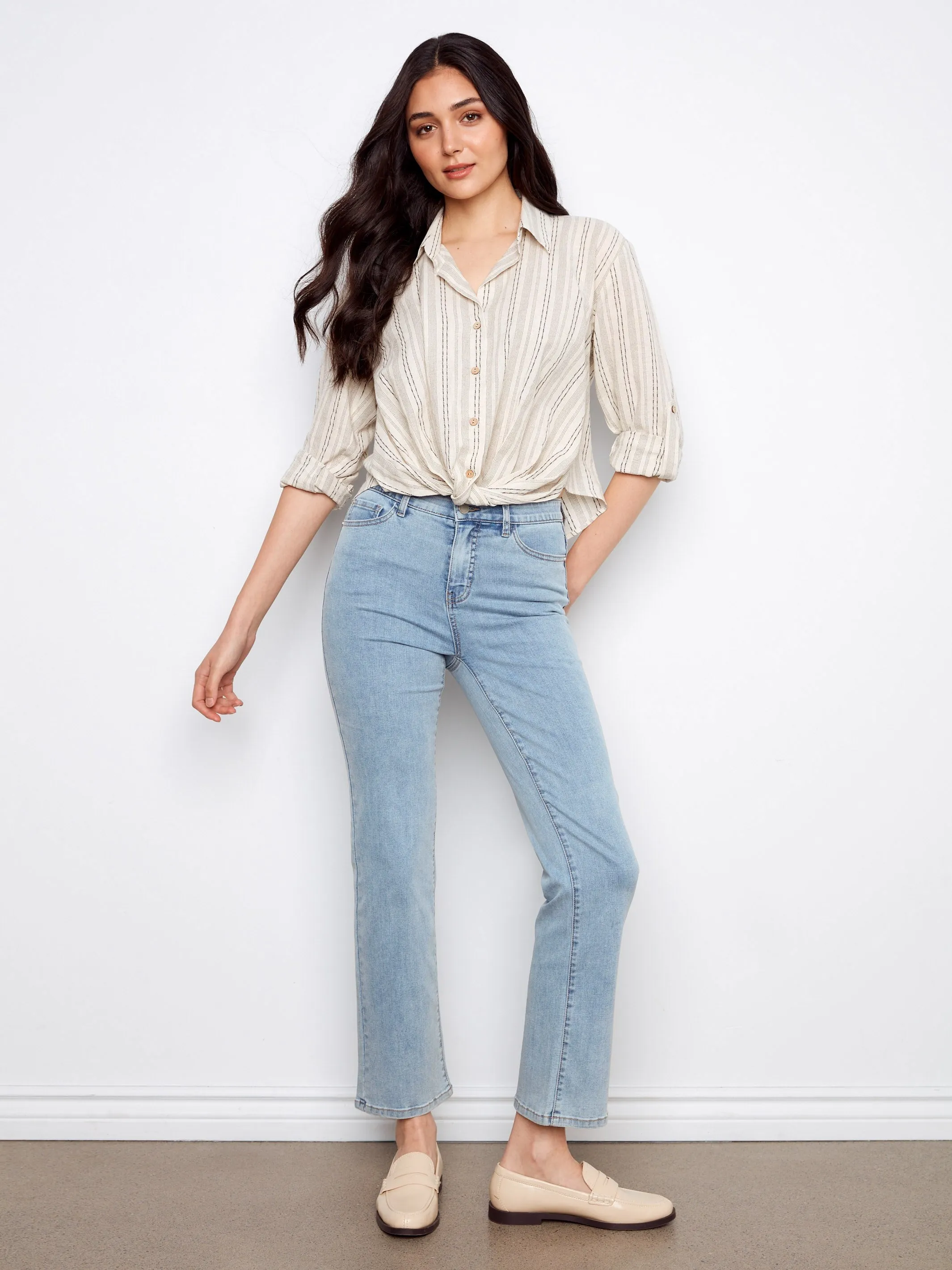 Striped Cotton-Linen Blend Shirt With Front Twist - Fog sold by Charlie B product image thumbnail 2