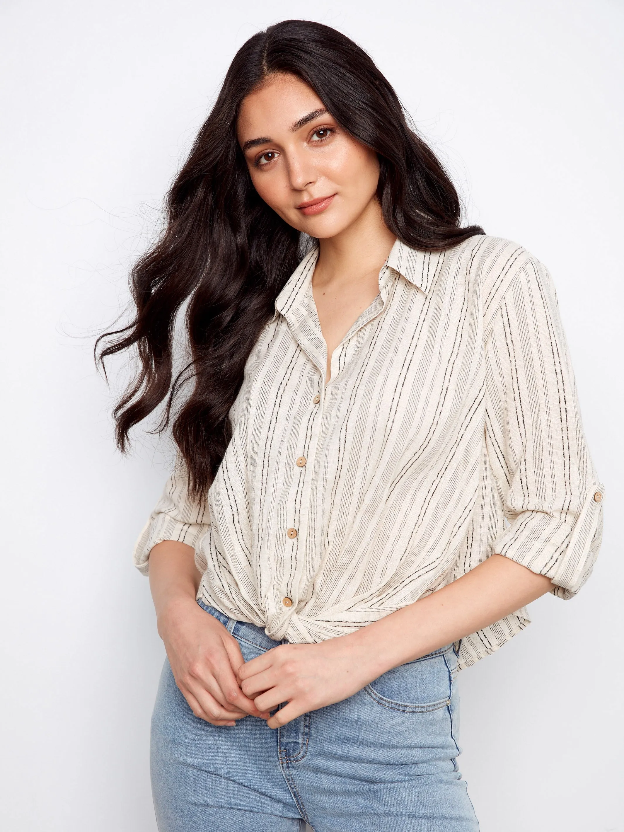Striped Cotton-Linen Blend Shirt With Front Twist - Fog sold by Charlie B product image thumbnail 3