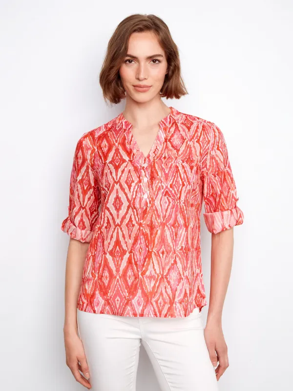 Printed Cotton Blend Half-Button Blouse - Scarlet made by Charlie B