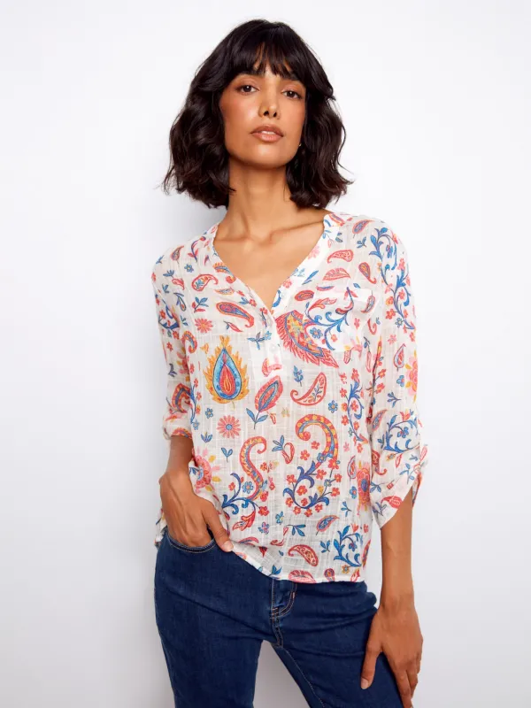 Printed Cotton Gauze Half-Button Blouse - Festive made by Charlie B