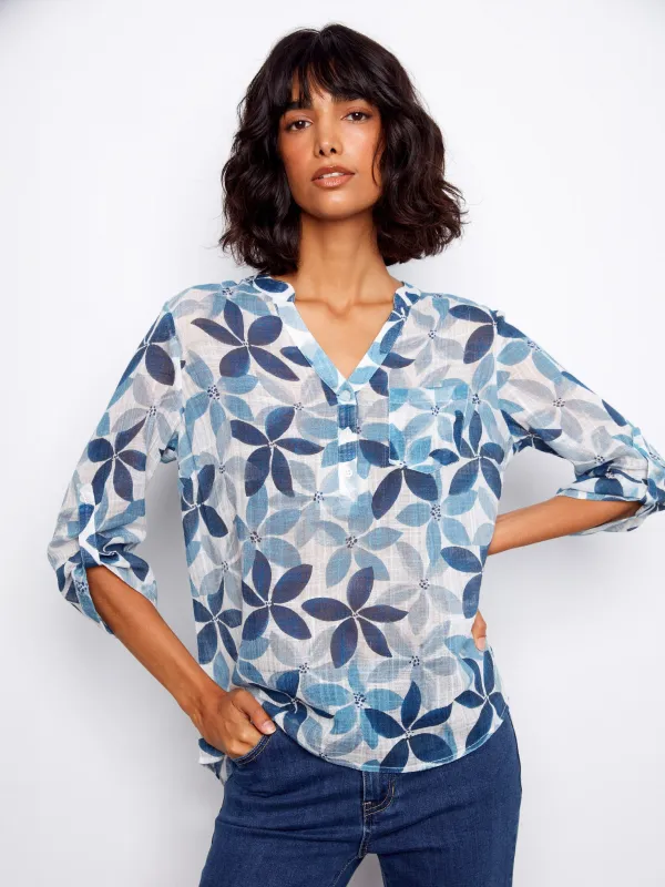 Printed Cotton Gauze Half-Button Blouse - Sapphire made by Charlie B