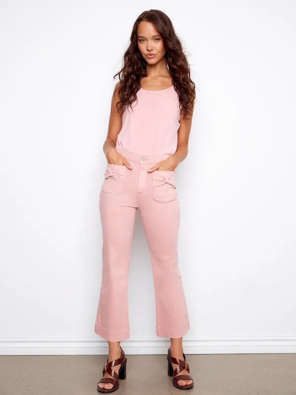 Flare Twill Pants With Bow Patch Pockets - Peony sold by Charlie B