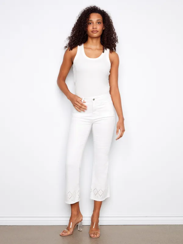 Flare Twill Pants With Zigzag Embroidery - White made by Charlie B