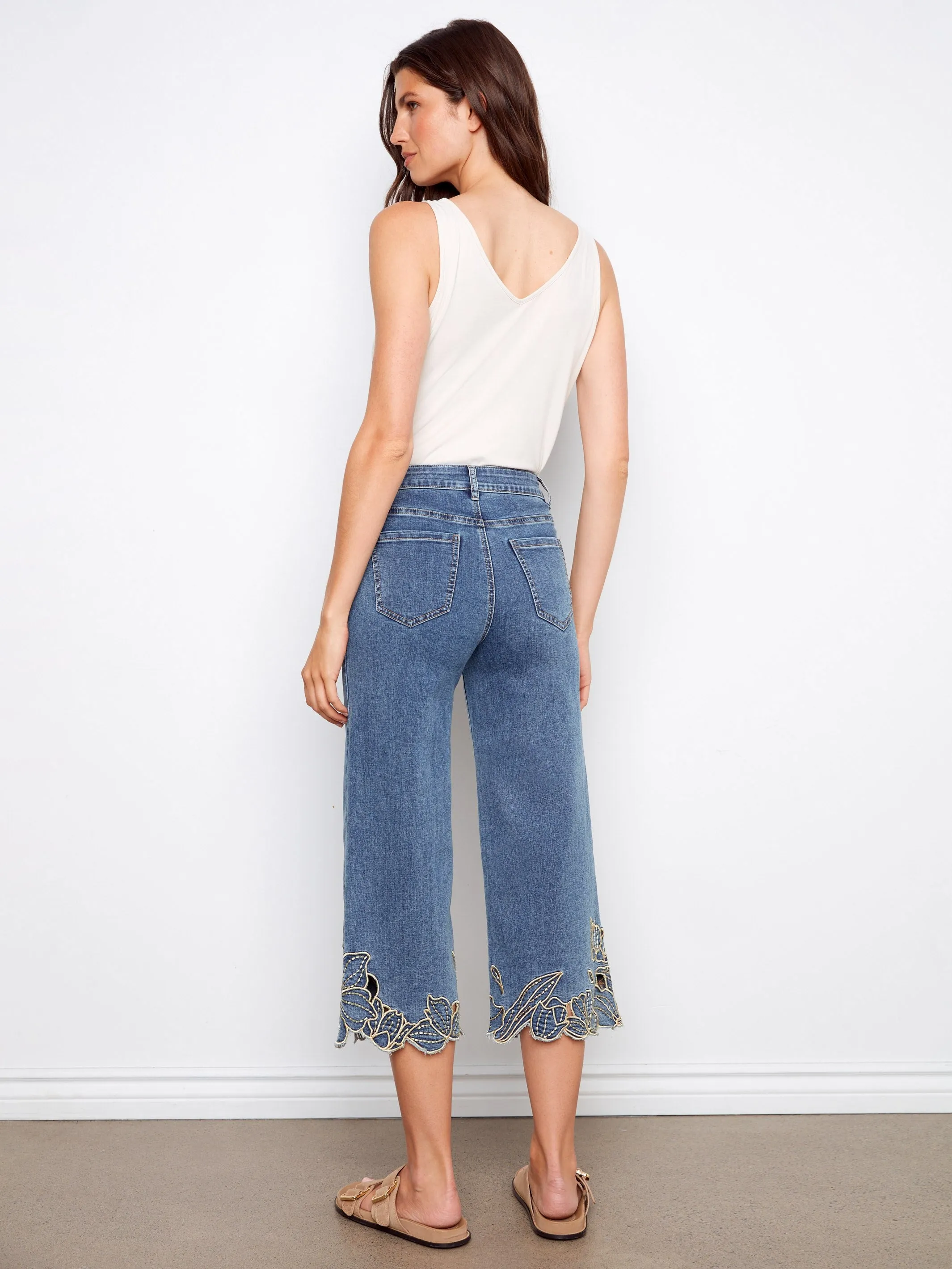 Cropped Wide Leg Jeans With Floral Embroidery - Medium Blue sold by Charlie B product image thumbnail 4