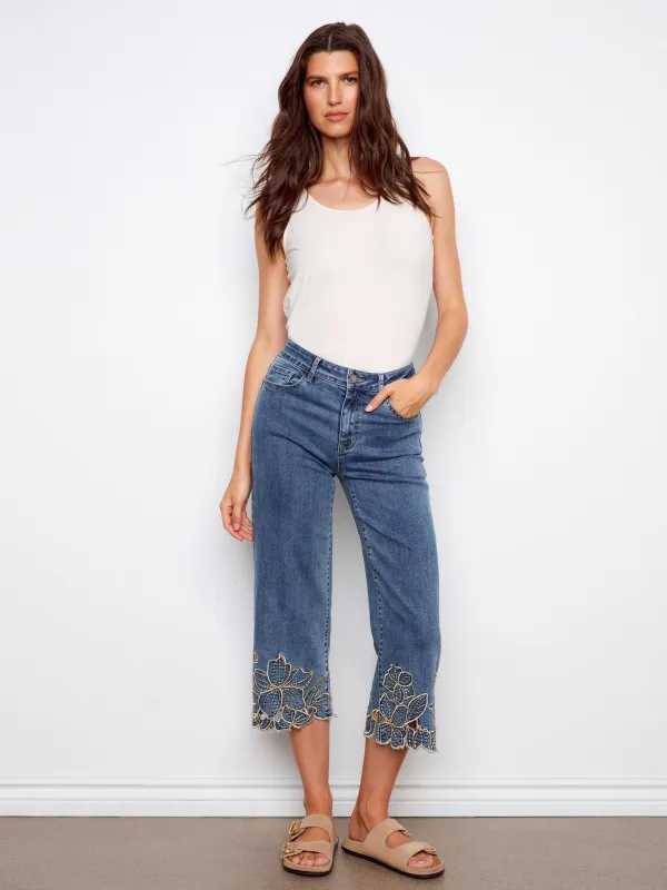 Cropped Wide Leg Jeans With Floral Embroidery - Medium Blue made by Charlie B