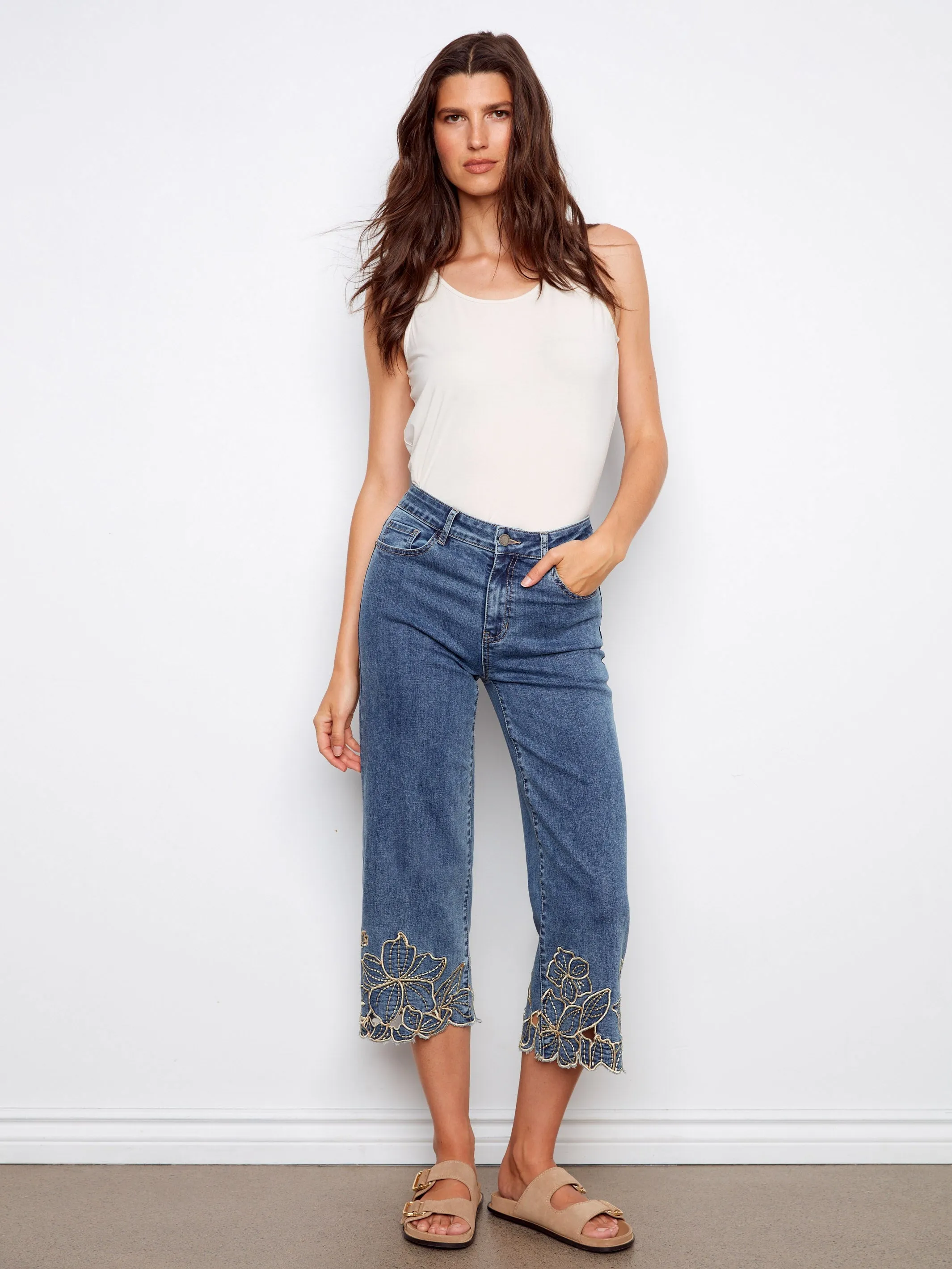 Cropped Wide Leg Jeans With Floral Embroidery - Medium Blue sold by Charlie B