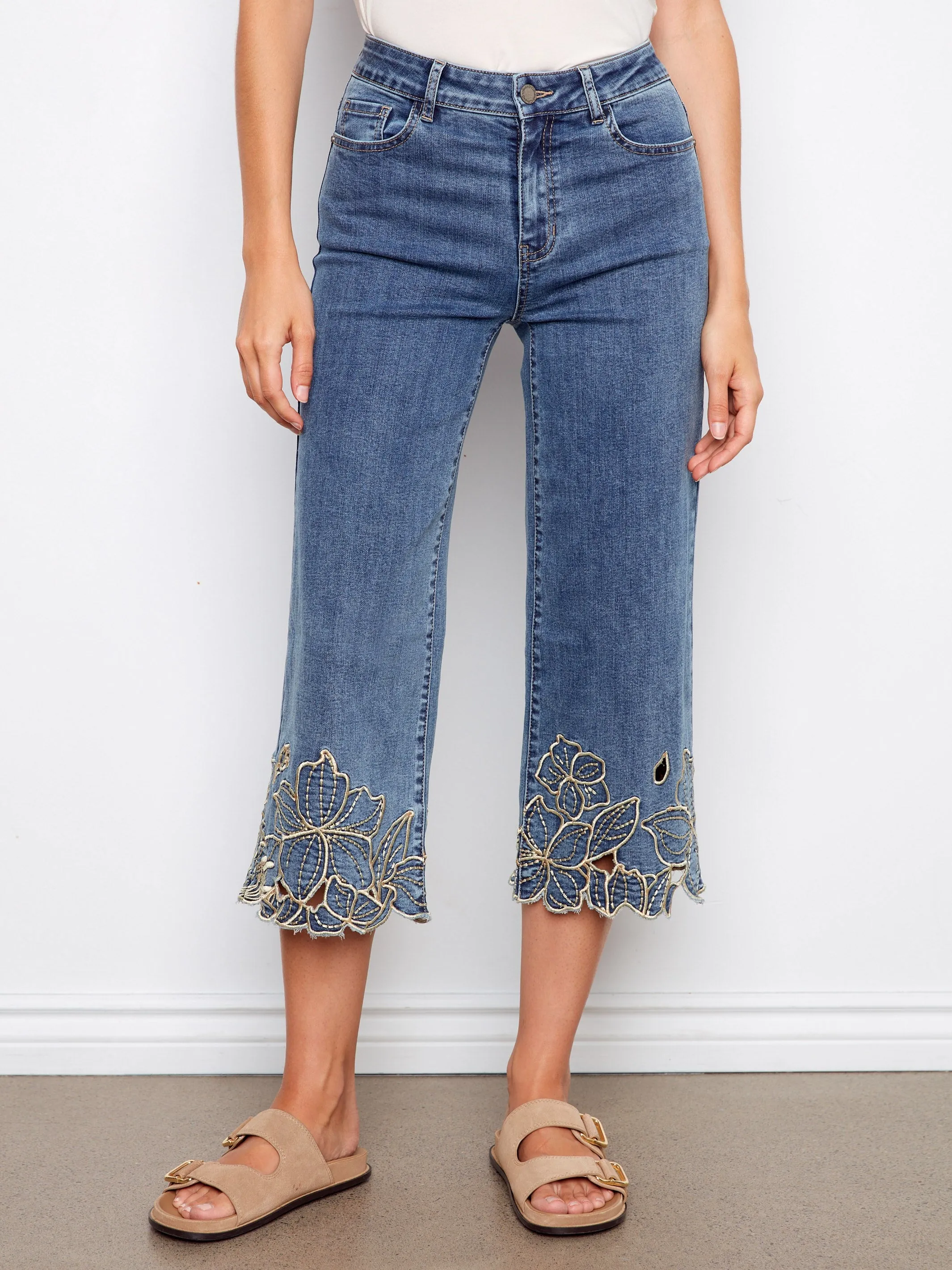 Cropped Wide Leg Jeans With Floral Embroidery - Medium Blue sold by Charlie B product image thumbnail 2