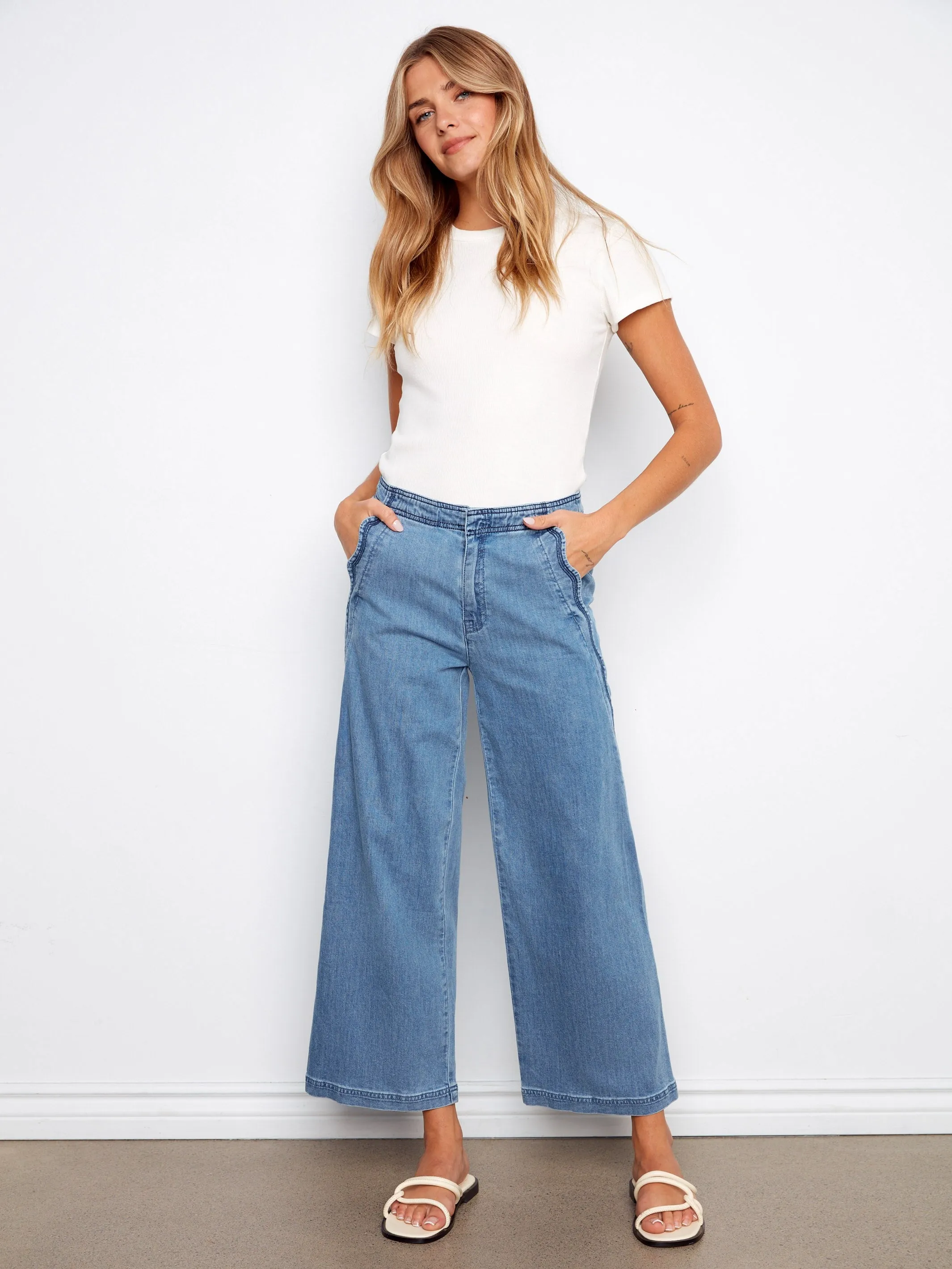 Wide Leg Jeans With Scalloped Edges - Soft Blue sold by Charlie B