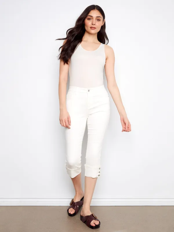 Cropped Twill Jeans With Snap Button Cuff - White sold by Charlie B