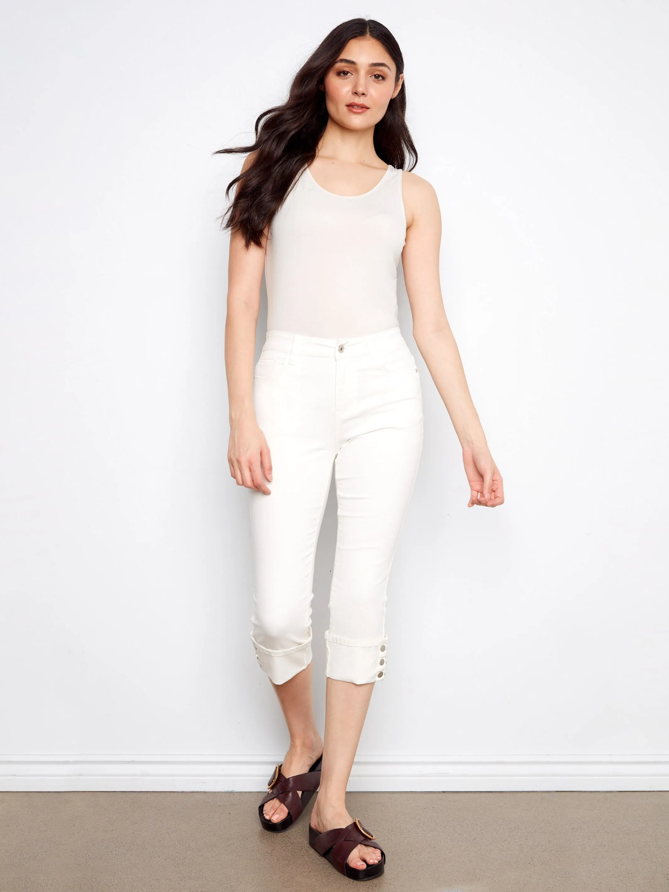 Cropped Twill Jeans With Snap Button Cuff - White sold by Charlie B