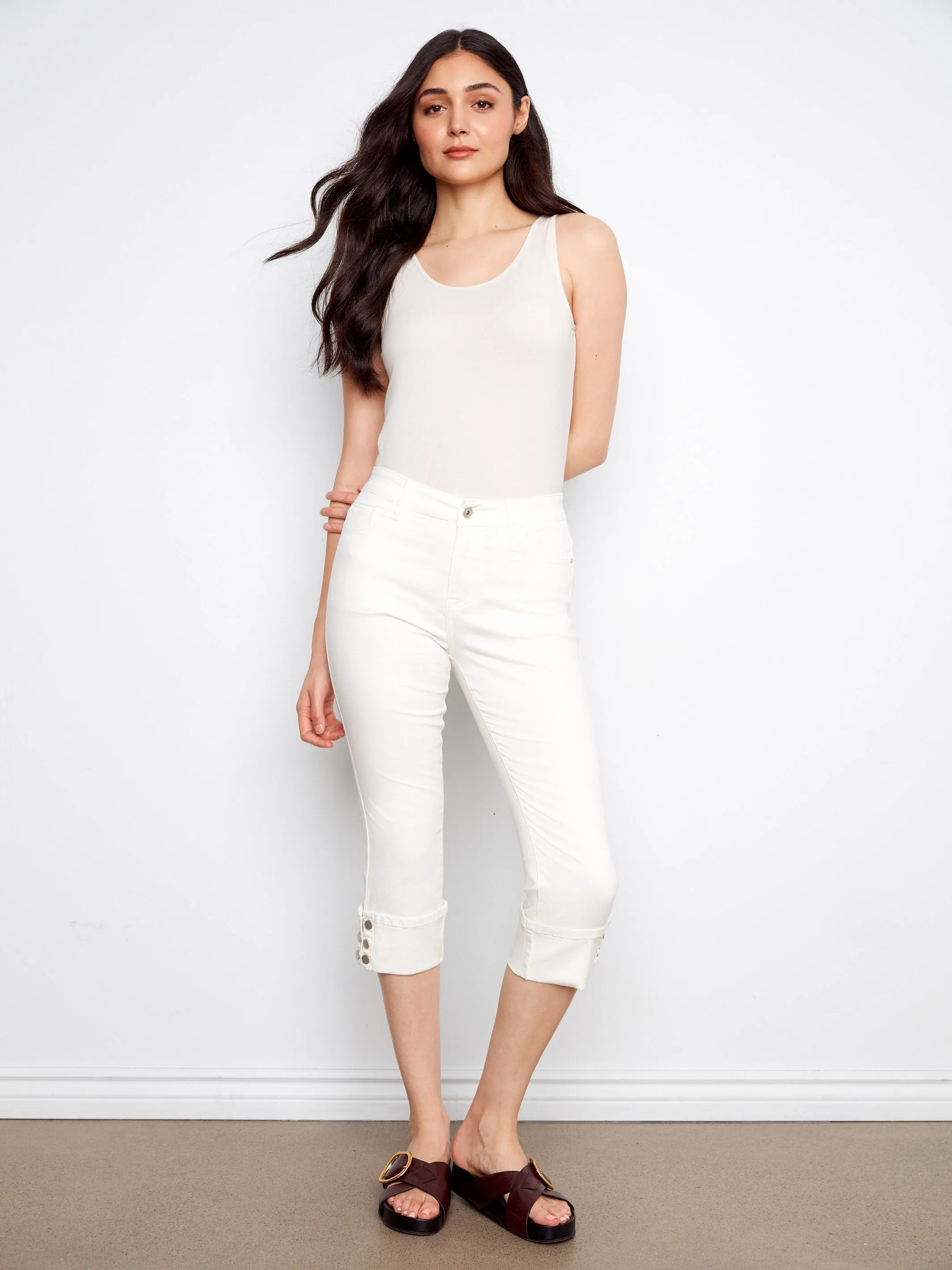 Cropped Twill Jeans With Snap Button Cuff - White sold by Charlie B product image thumbnail 5