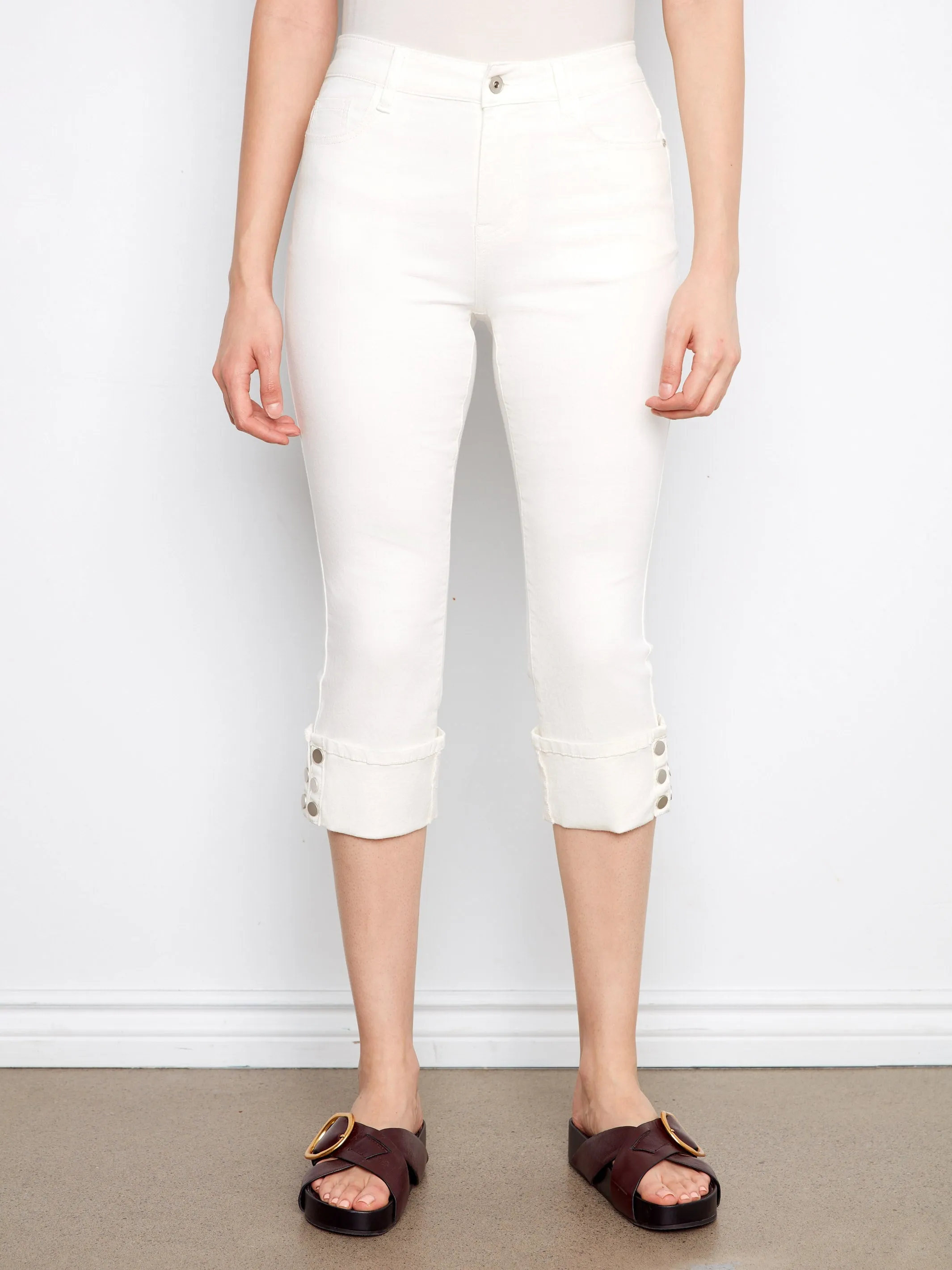 Cropped Twill Jeans With Snap Button Cuff - White sold by Charlie B product image thumbnail 2