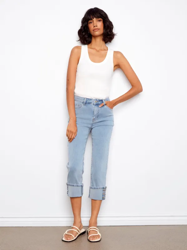 Cropped Jeans With Snap Button Cuff - Light Blue sold by Charlie B