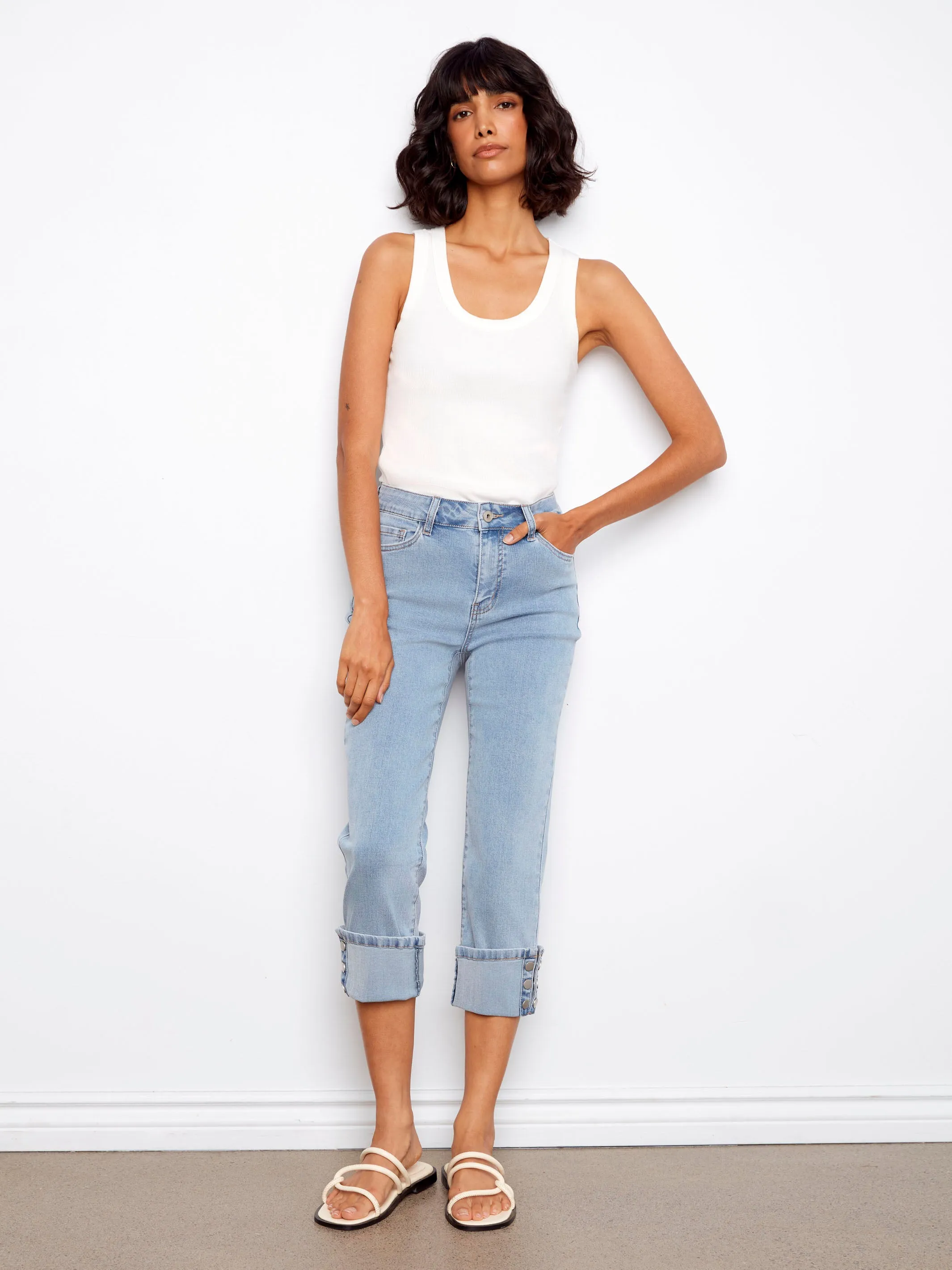 Cropped Jeans With Snap Button Cuff - Light Blue sold by Charlie B
