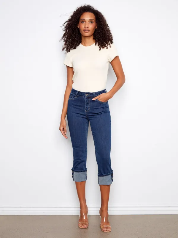 Cropped Jeans With Snap Button Cuff - Indigo sold by Charlie B