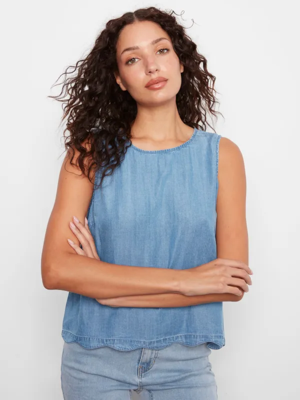 Tencel Sleeveless Scalloped Top - Medium Blue made by Charlie B