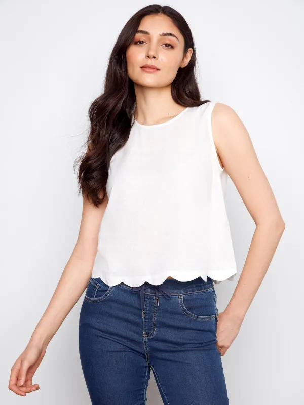 Linen Blend Sleeveless Scalloped Top - White made by Charlie B