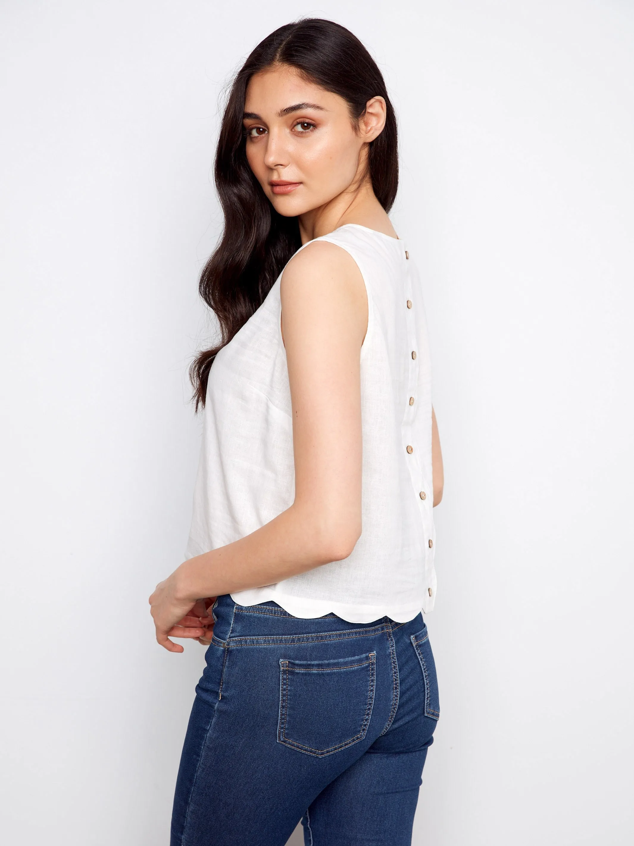 Linen Blend Sleeveless Scalloped Top - White sold by Charlie B product image thumbnail 5