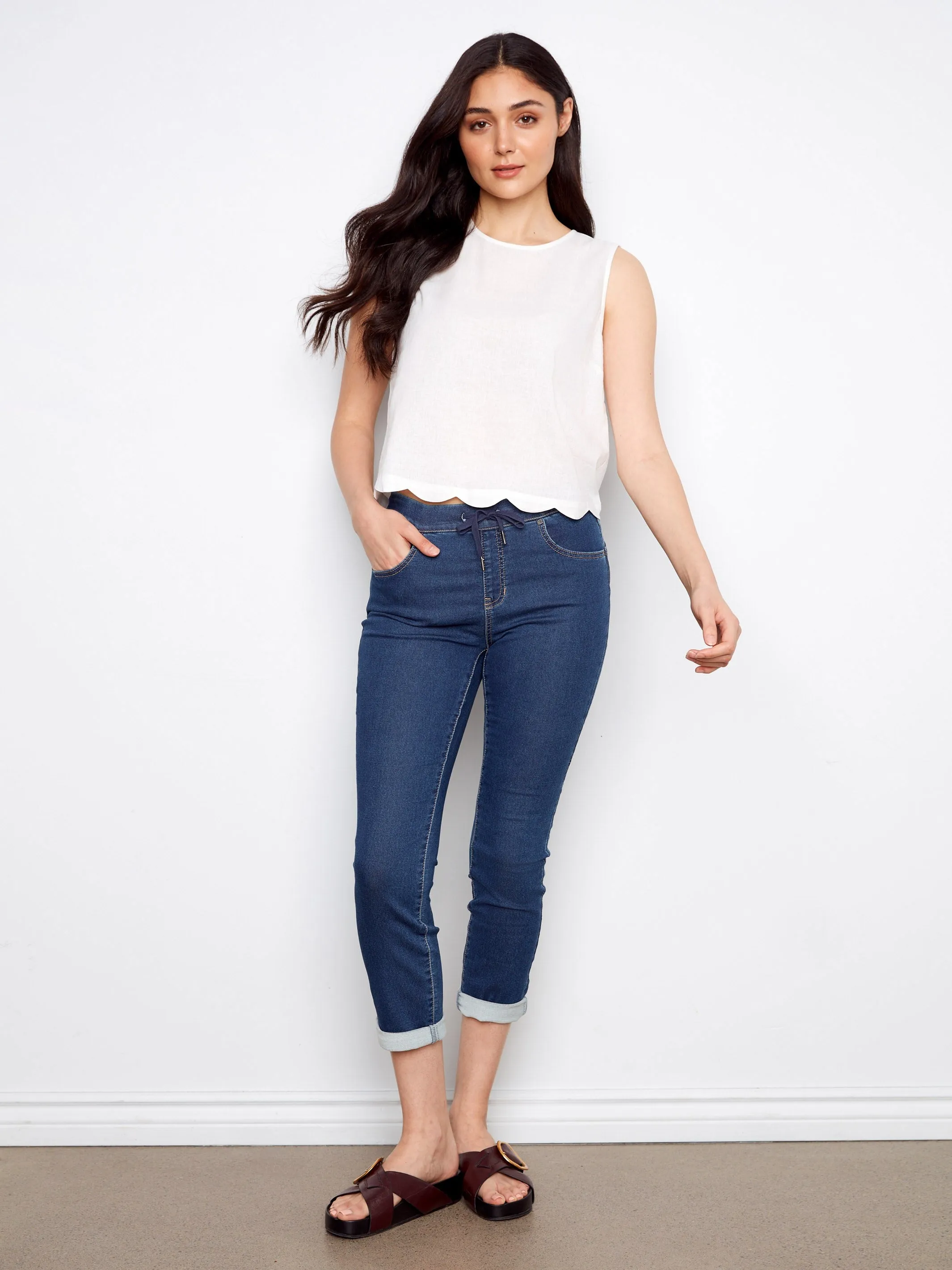 Linen Blend Sleeveless Scalloped Top - White sold by Charlie B product image thumbnail 2