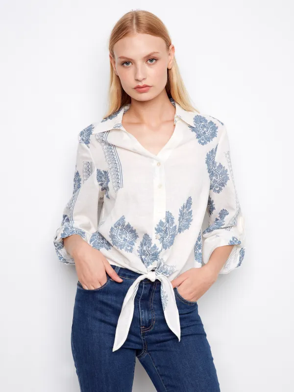 Printed Linen Blend Button-Up Blouse - Jean made by Charlie B