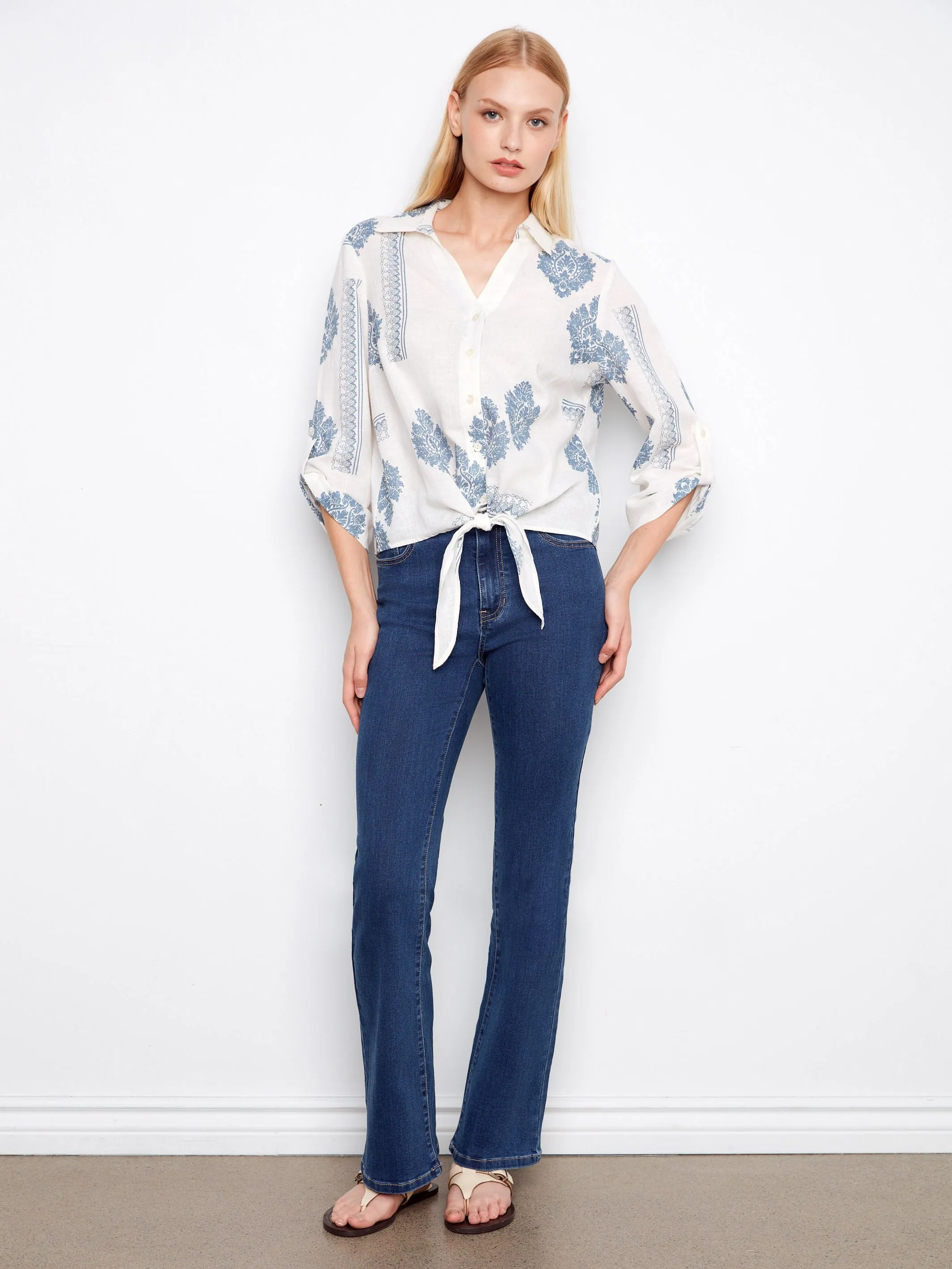 Printed Linen Blend Button-Up Blouse - Jean sold by Charlie B product image thumbnail 5