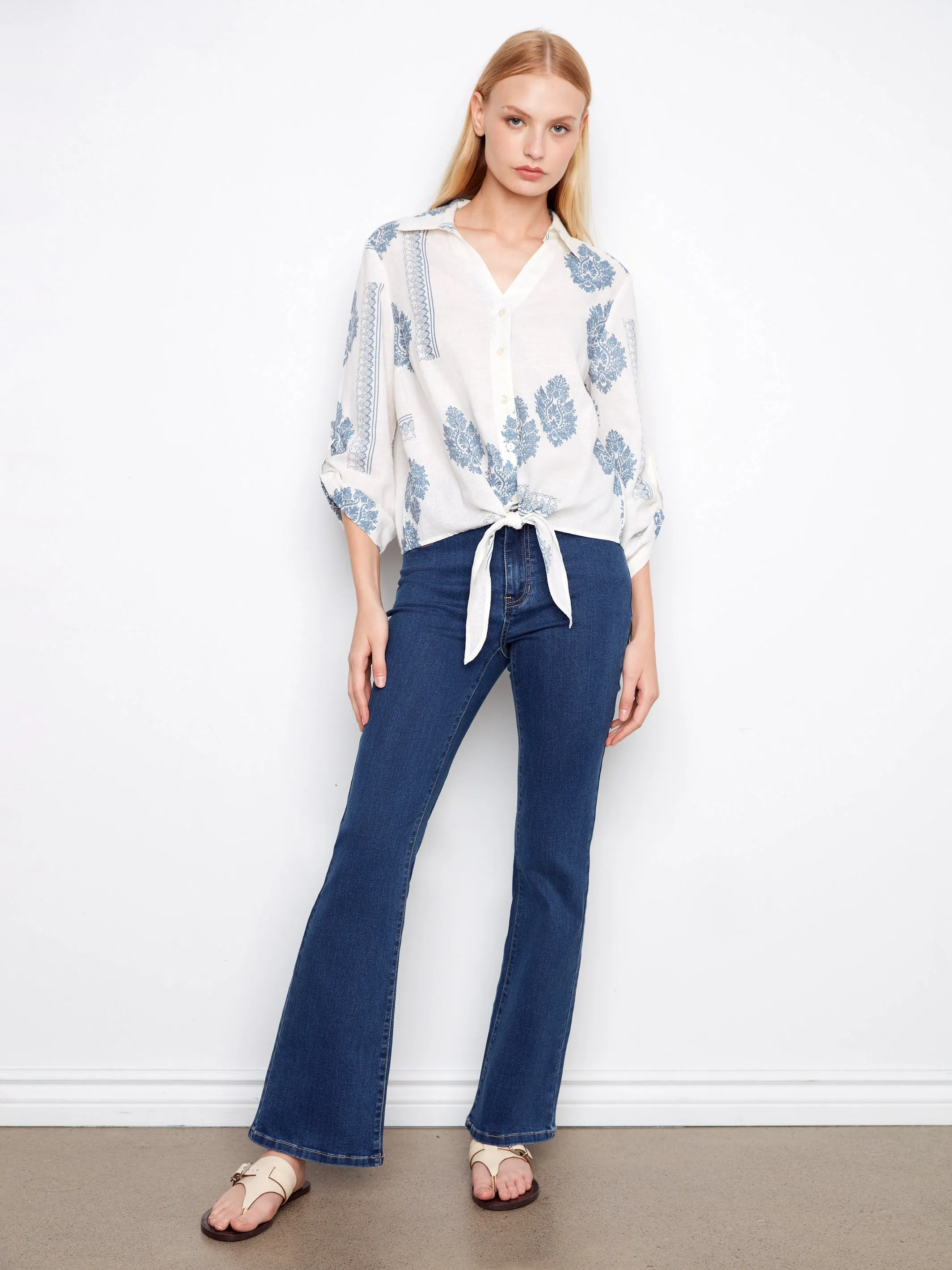 Printed Linen Blend Button-Up Blouse - Jean sold by Charlie B product image thumbnail 2