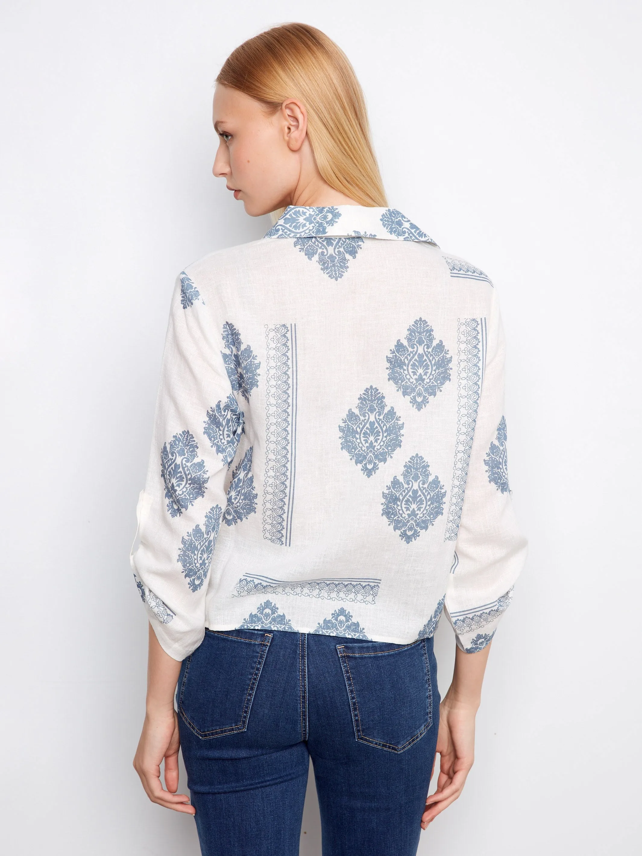 Printed Linen Blend Button-Up Blouse - Jean sold by Charlie B product image thumbnail 3