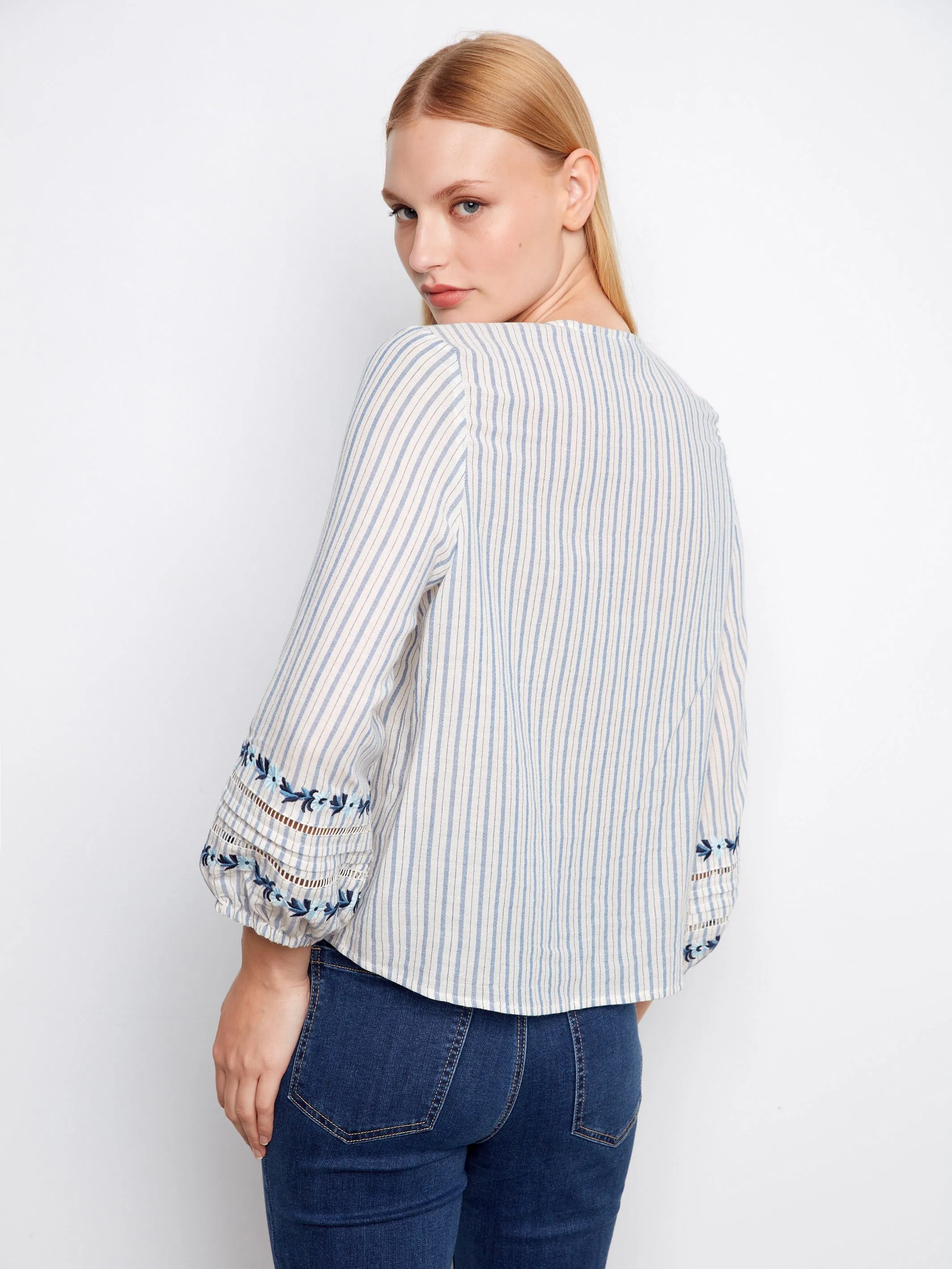 Striped Cotton Blouse With Embroidered Sleeves - Lapis sold by Charlie B product image thumbnail 4