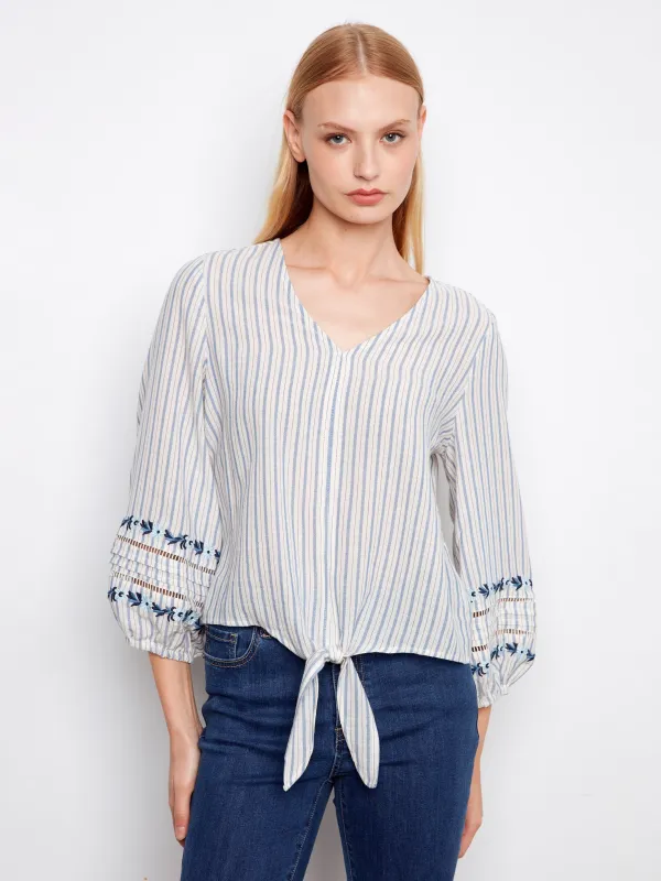 Striped Cotton Blouse With Embroidered Sleeves - Lapis made by Charlie B