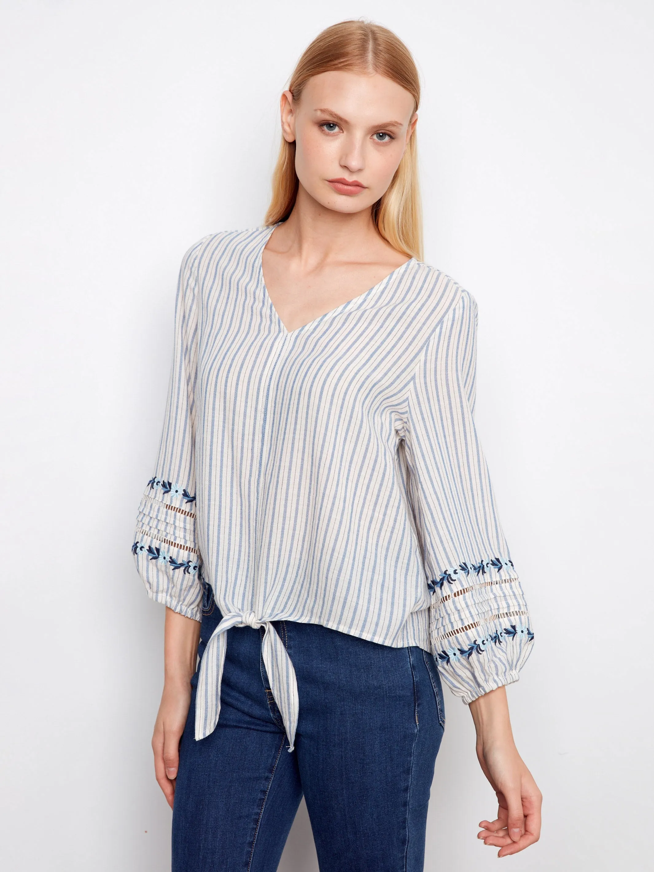 Striped Cotton Blouse With Embroidered Sleeves - Lapis sold by Charlie B product image thumbnail 3
