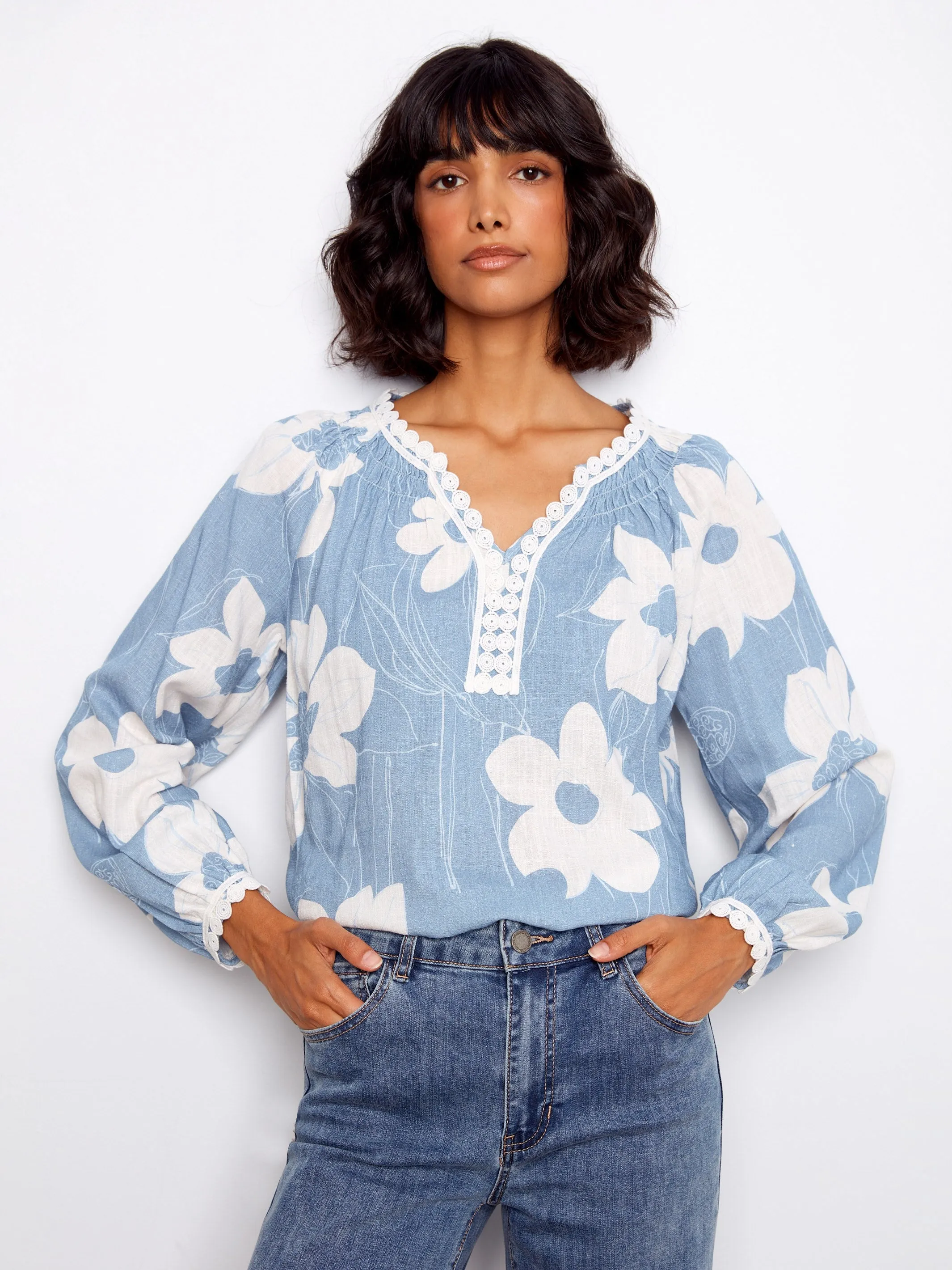 Printed Linen Blend Raglan Blouse With Crochet Trim - Waterlily sold by Charlie B product image thumbnail 4