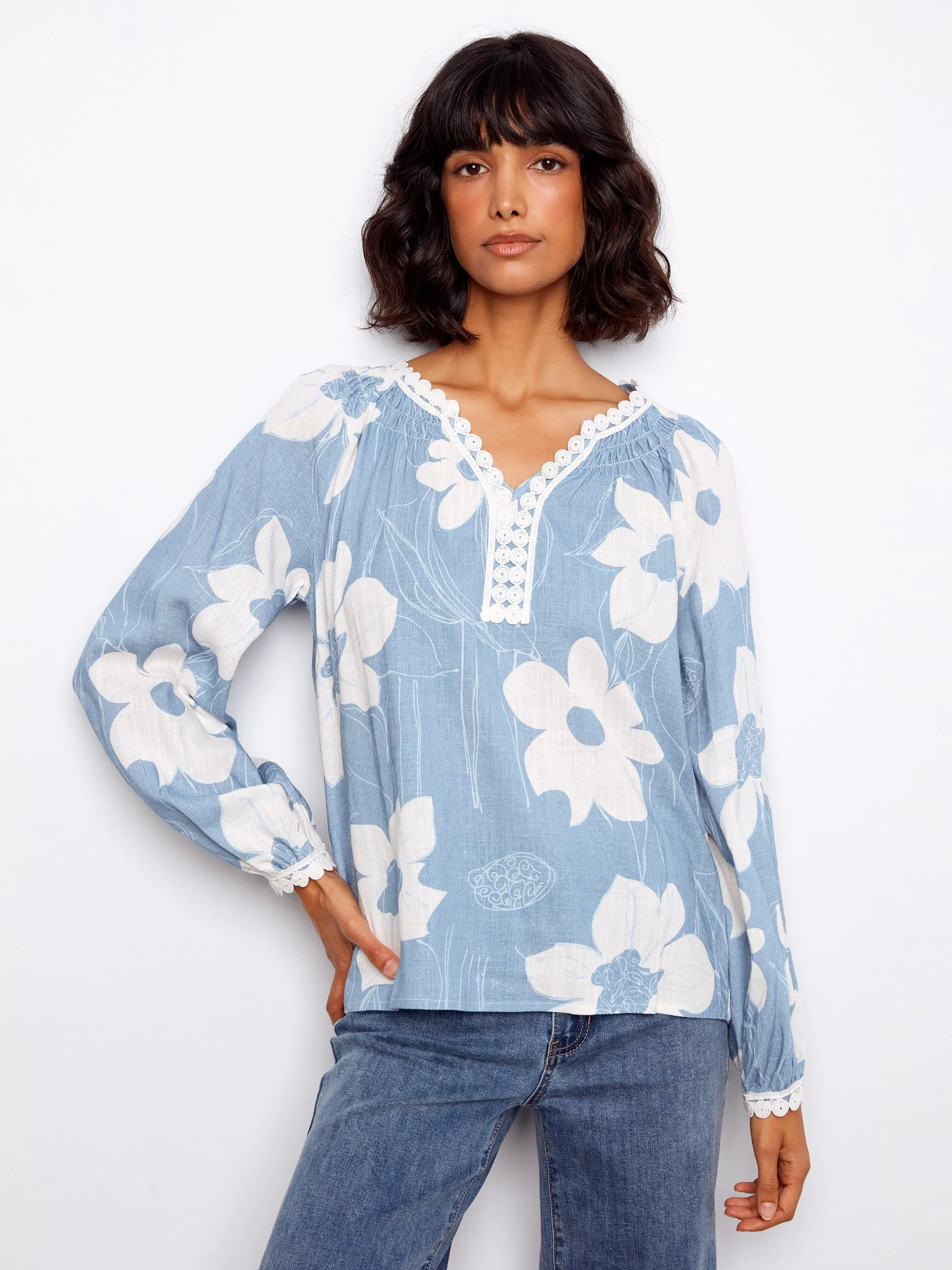 Printed Linen Blend Raglan Blouse With Crochet Trim - Waterlily sold by Charlie B