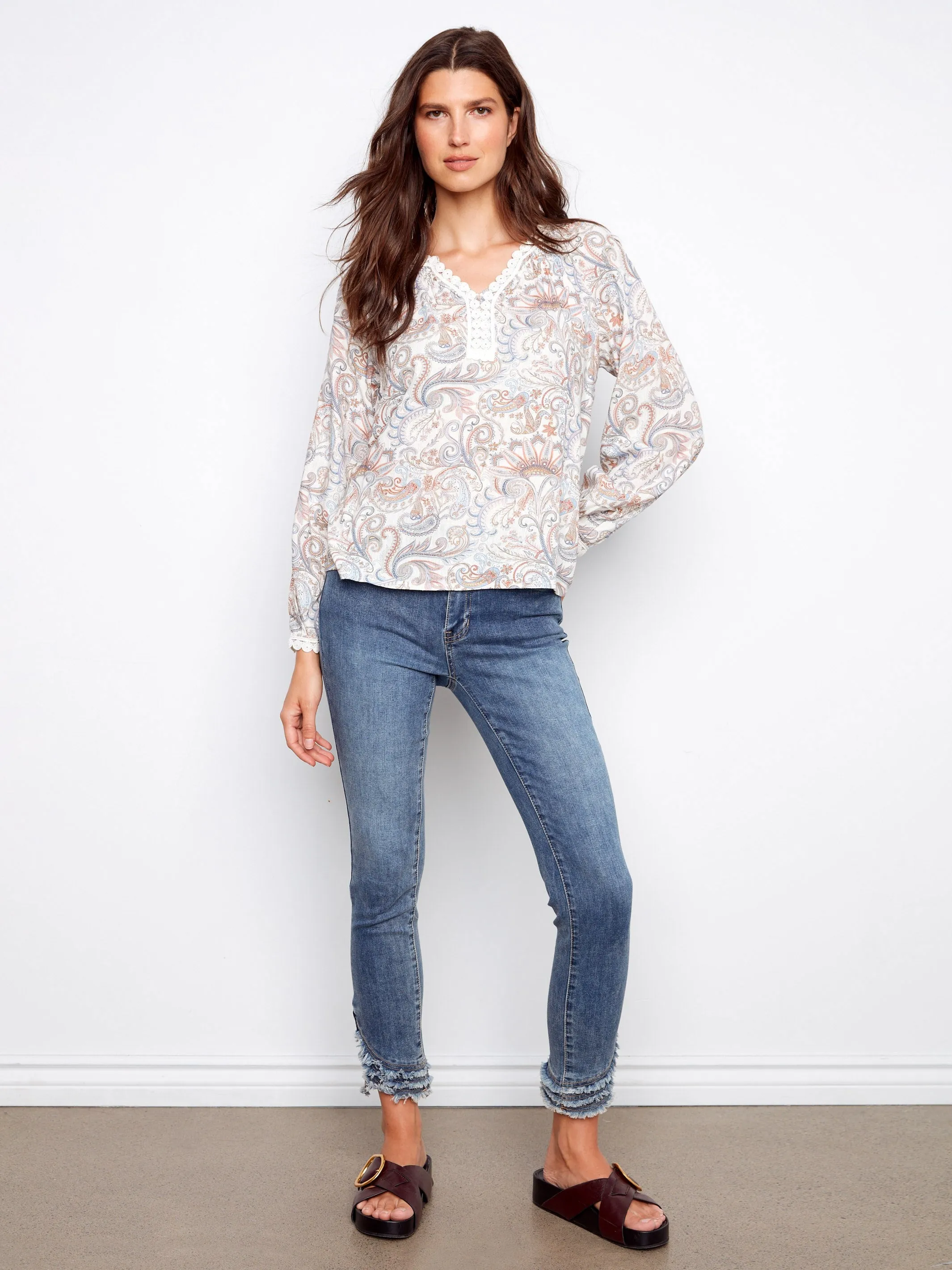 Printed Linen Blend Raglan Blouse With Crochet Trim - Chintz sold by Charlie B product image thumbnail 2