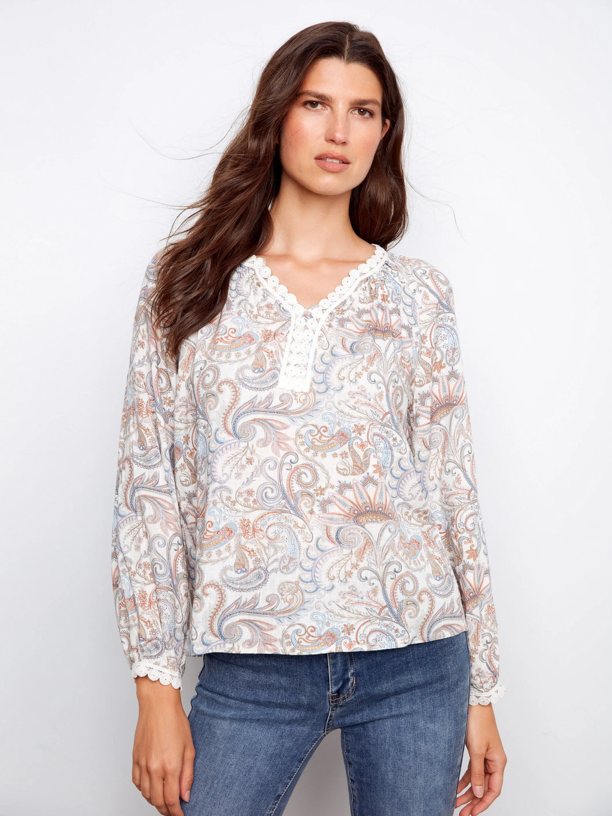 Printed Linen Blend Raglan Blouse With Crochet Trim - Chintz sold by Charlie B product image thumbnail 4