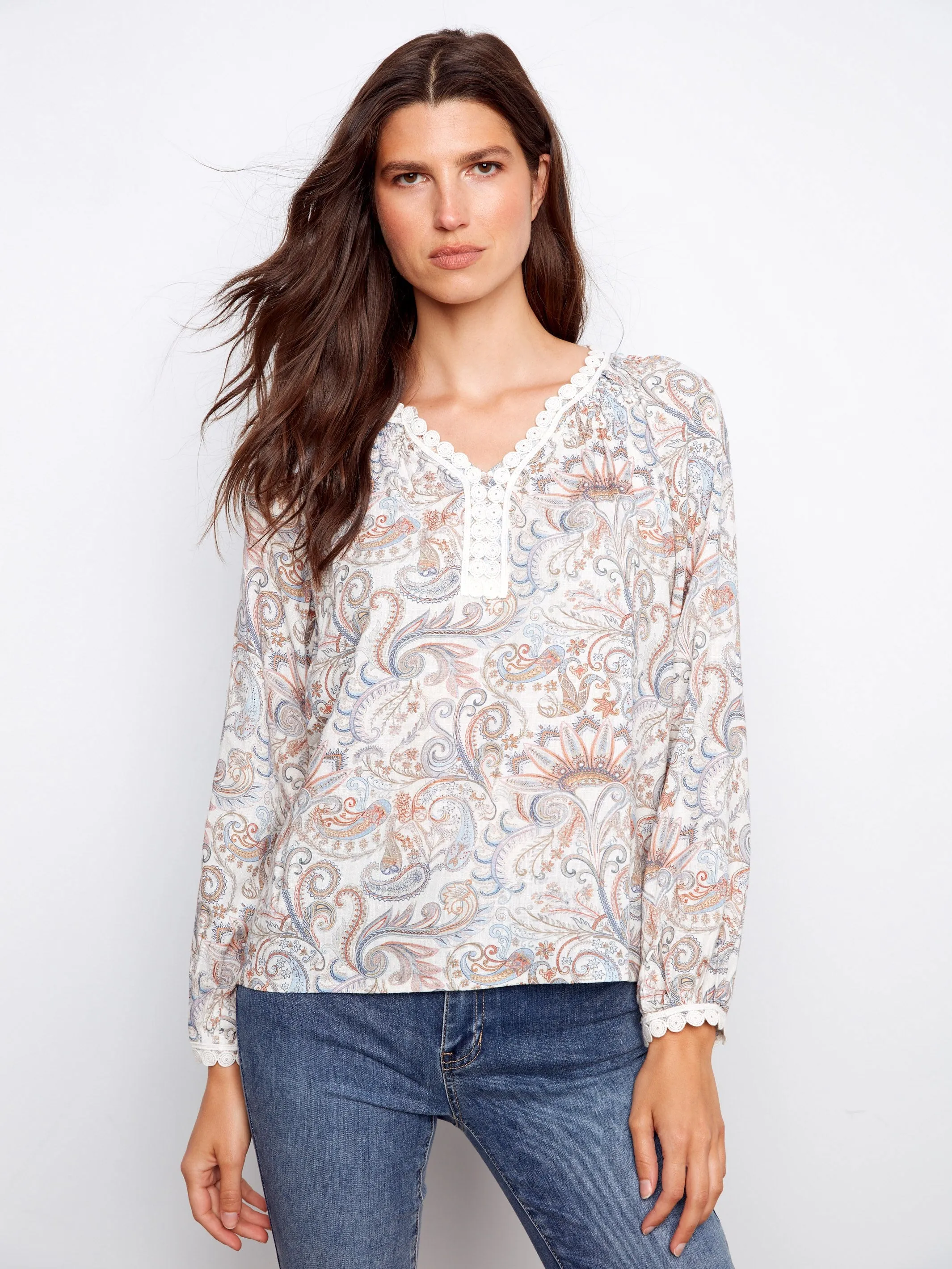 Printed Linen Blend Raglan Blouse With Crochet Trim - Chintz sold by Charlie B