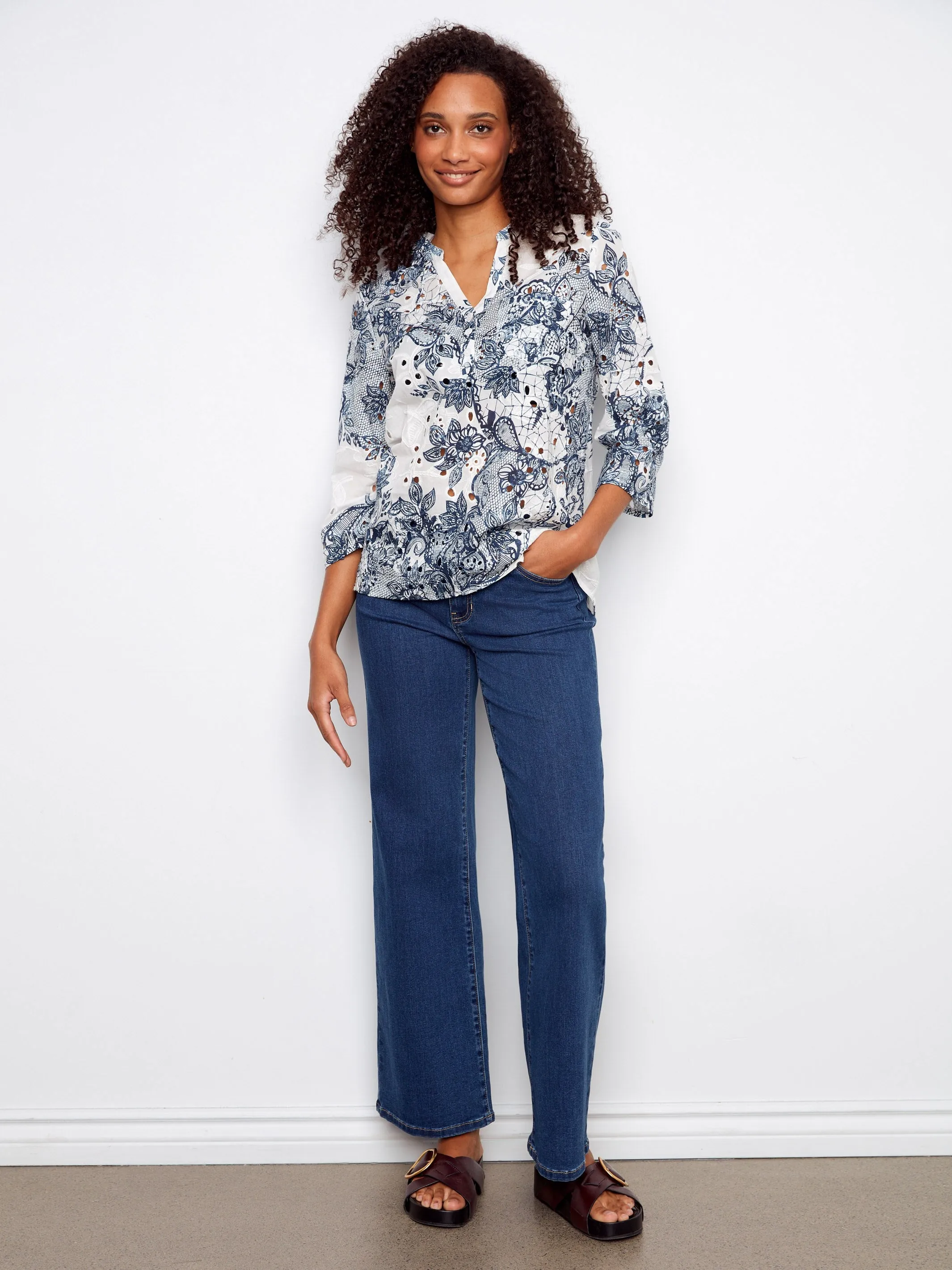 Printed Cotton Eyelet Half-Button Blouse - Lace sold by Charlie B product image thumbnail 3