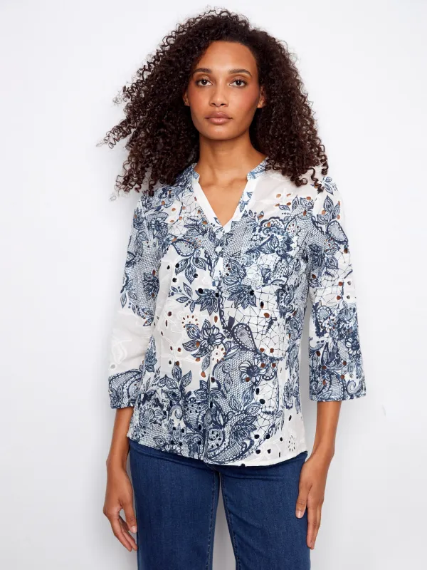 Printed Cotton Eyelet Half-Button Blouse - Lace made by Charlie B