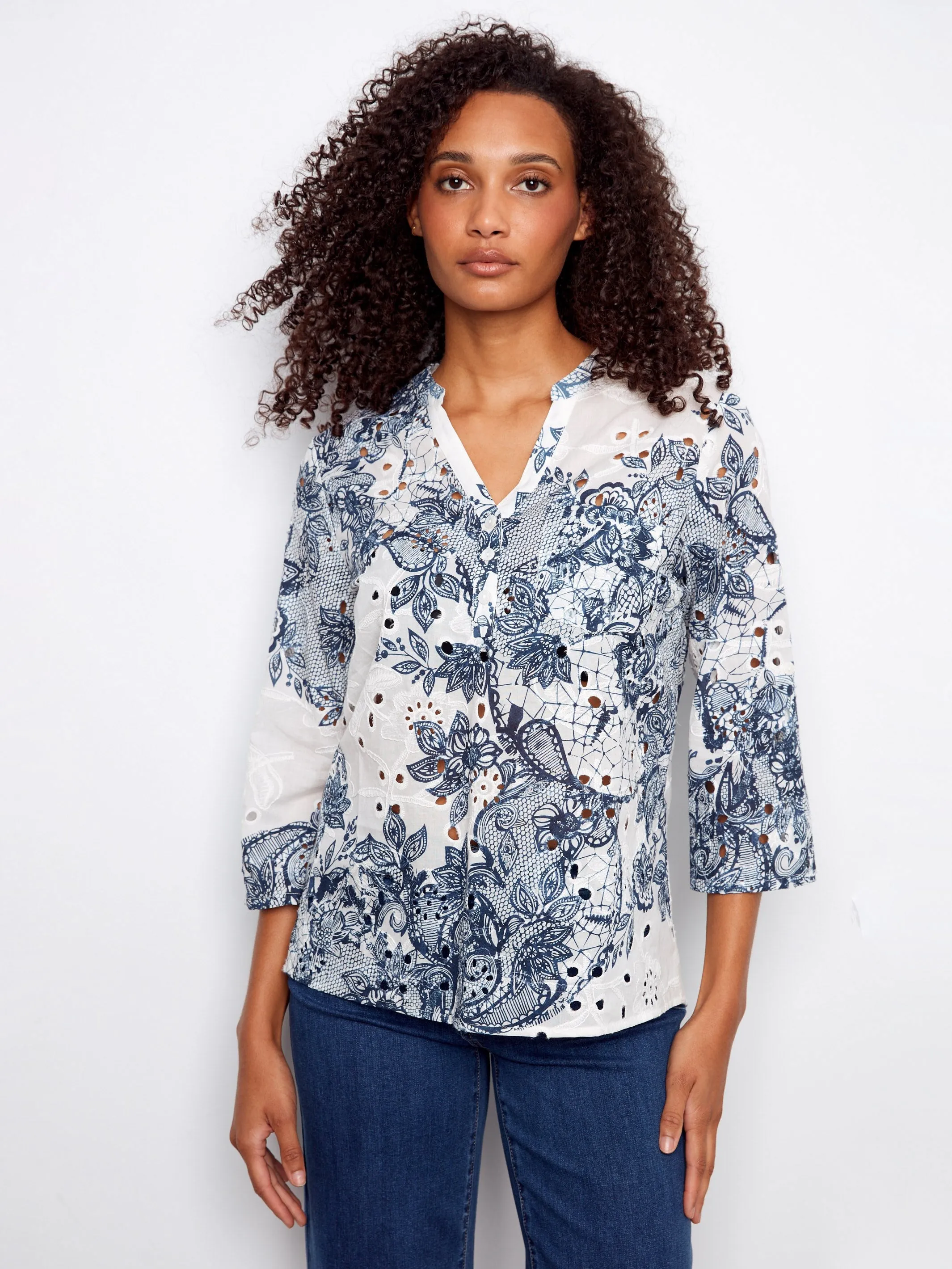 Printed Cotton Eyelet Half-Button Blouse - Lace sold by Charlie B