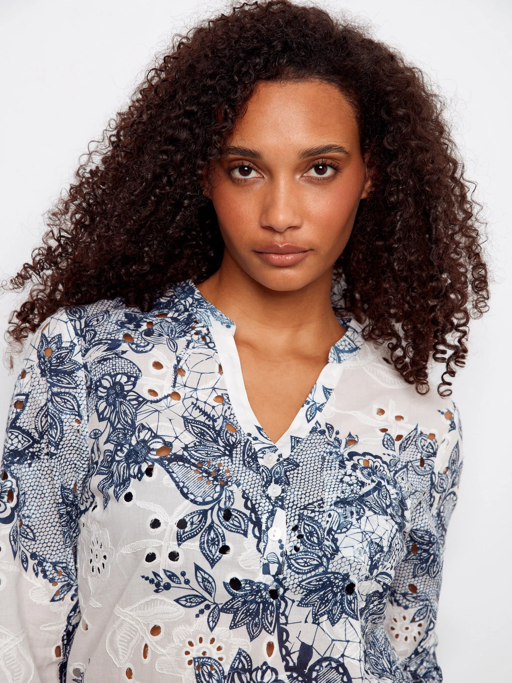 Printed Cotton Eyelet Half-Button Blouse - Lace sold by Charlie B product image thumbnail 2