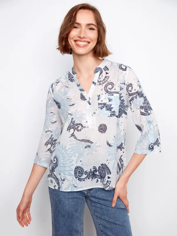Printed Cotton Blend Half-Button Blouse - Feather made by Charlie B