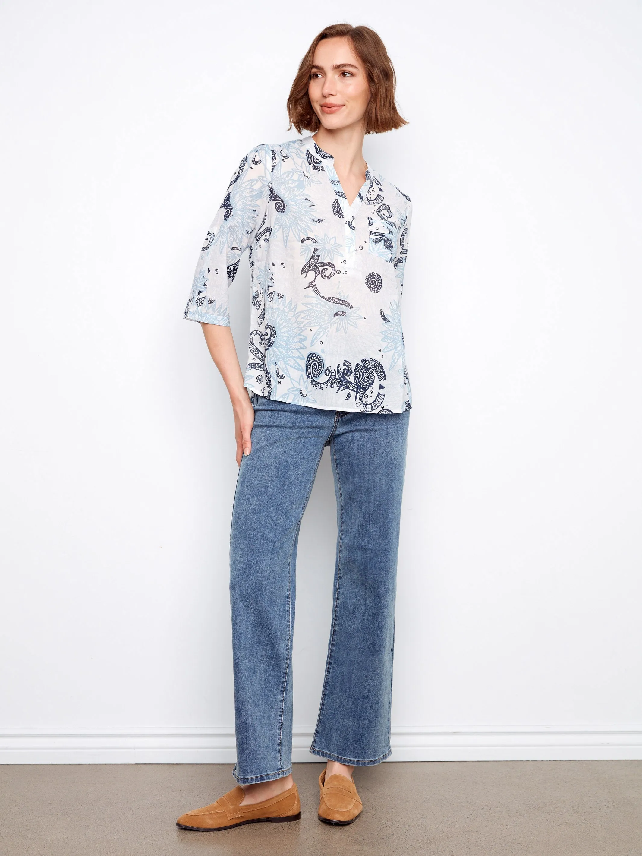 Printed Cotton Blend Half-Button Blouse - Feather sold by Charlie B product image thumbnail 2