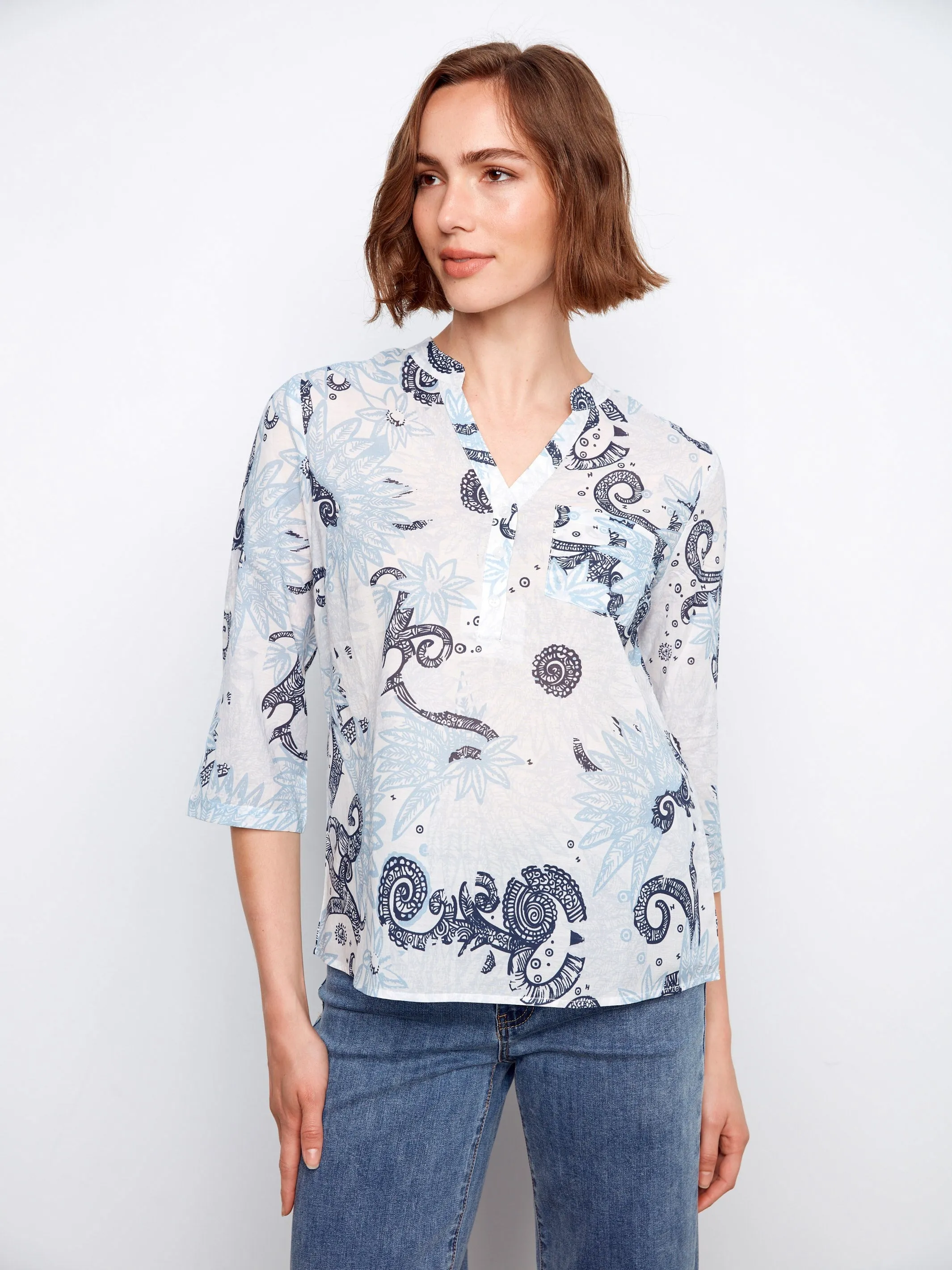 Printed Cotton Blend Half-Button Blouse - Feather sold by Charlie B product image thumbnail 3