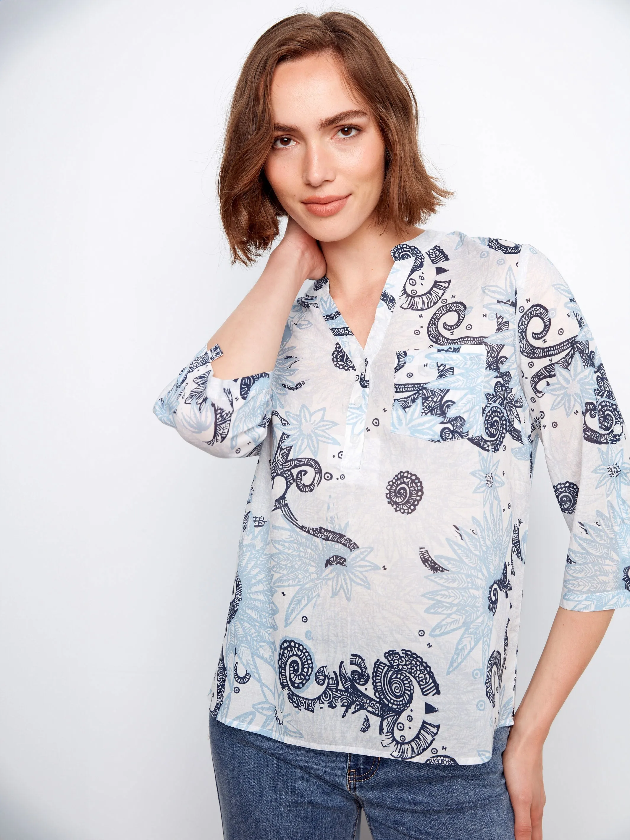 Printed Cotton Blend Half-Button Blouse - Feather sold by Charlie B product image thumbnail 4