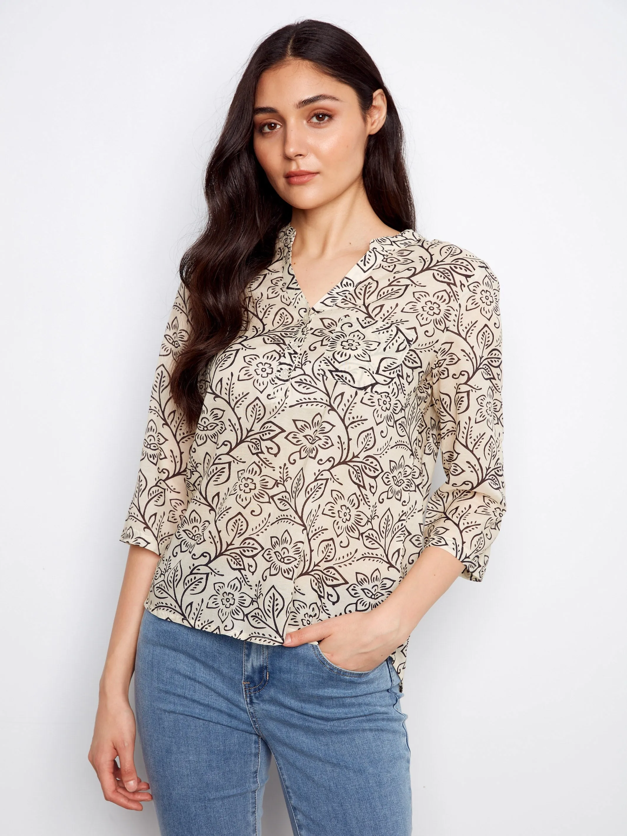 Printed Cotton Blend Half-Button Blouse - Karine sold by Charlie B