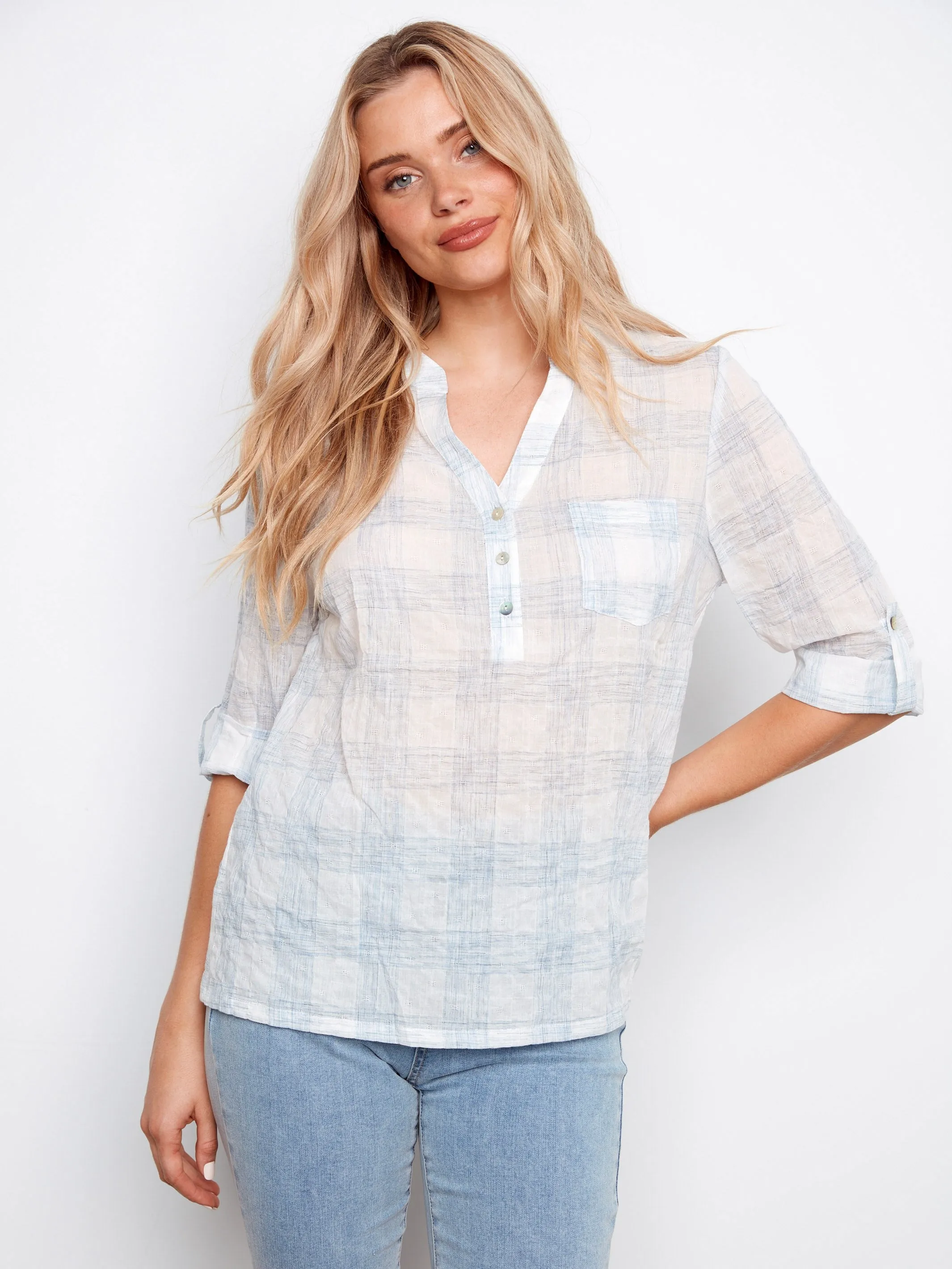 Printed Cotton Voile Half-Button Blouse - Etched sold by Charlie B