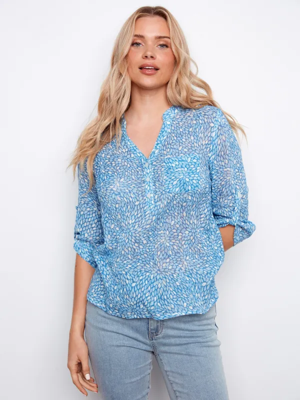 Printed Cotton Gauze Half-Button Blouse - Cascade made by Charlie B
