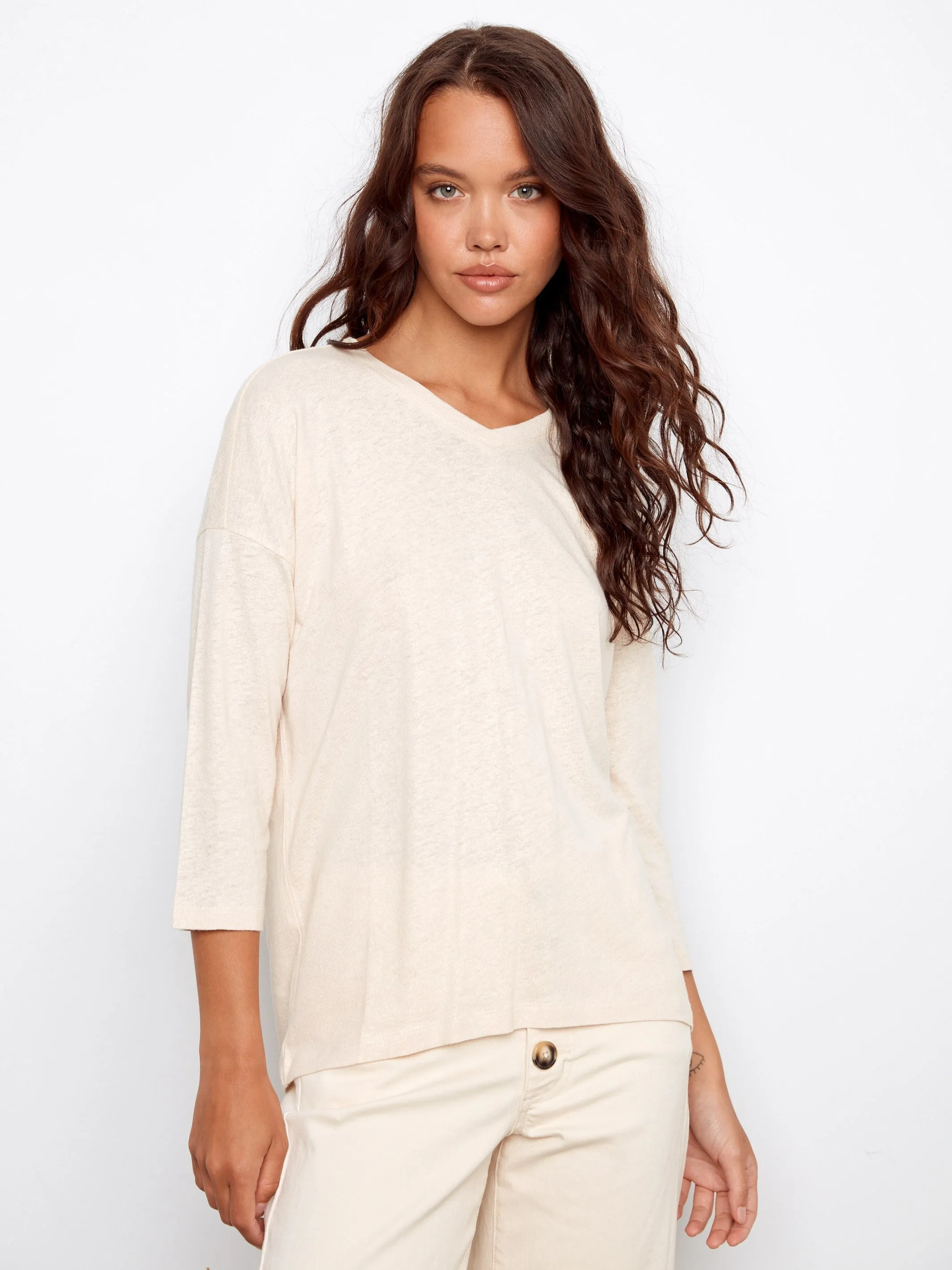 Foiled V-Neck 3/4 Sleeve Top - Champagne sold by Charlie B