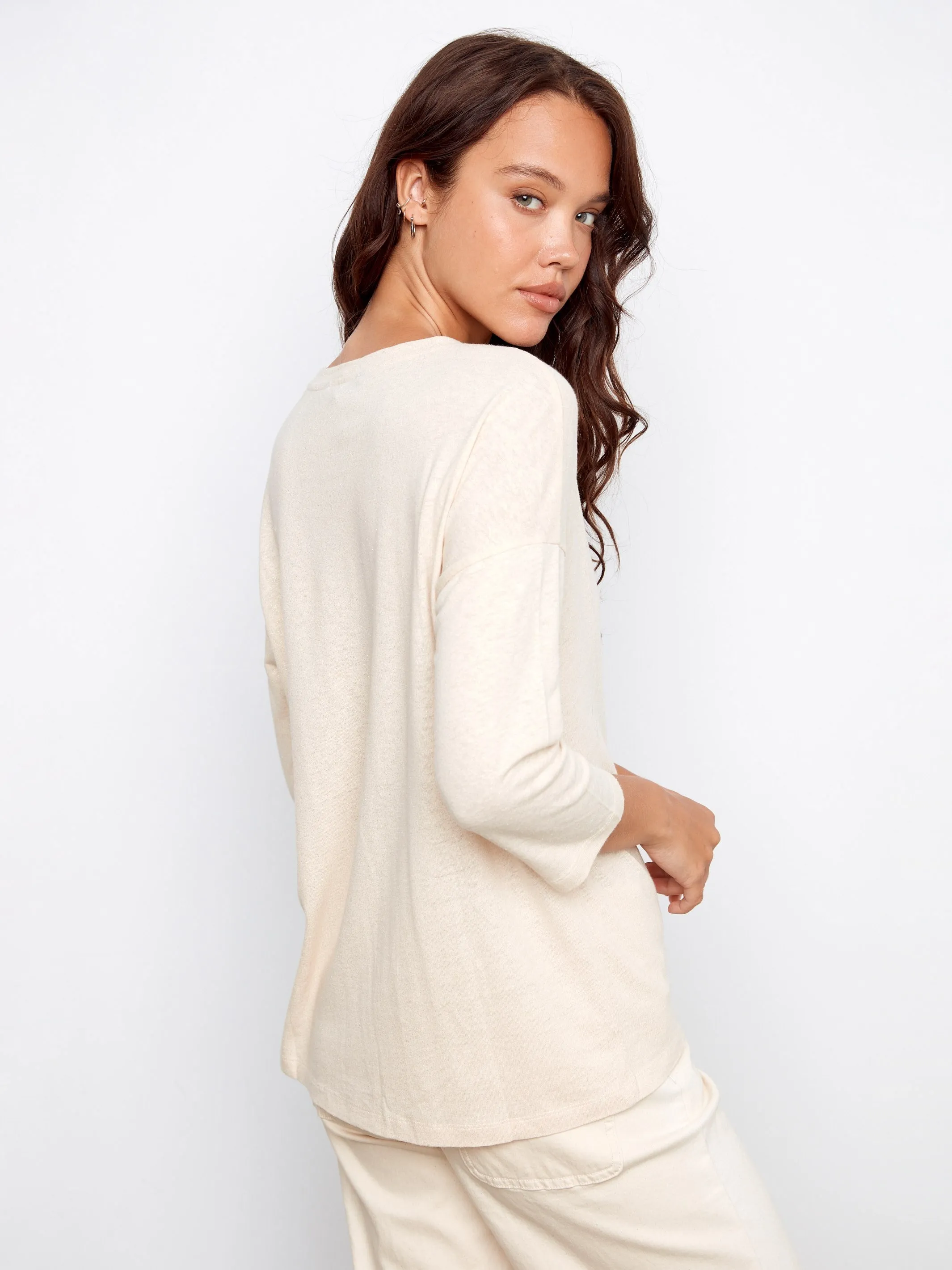 Foiled V-Neck 3/4 Sleeve Top - Champagne sold by Charlie B product image thumbnail 5